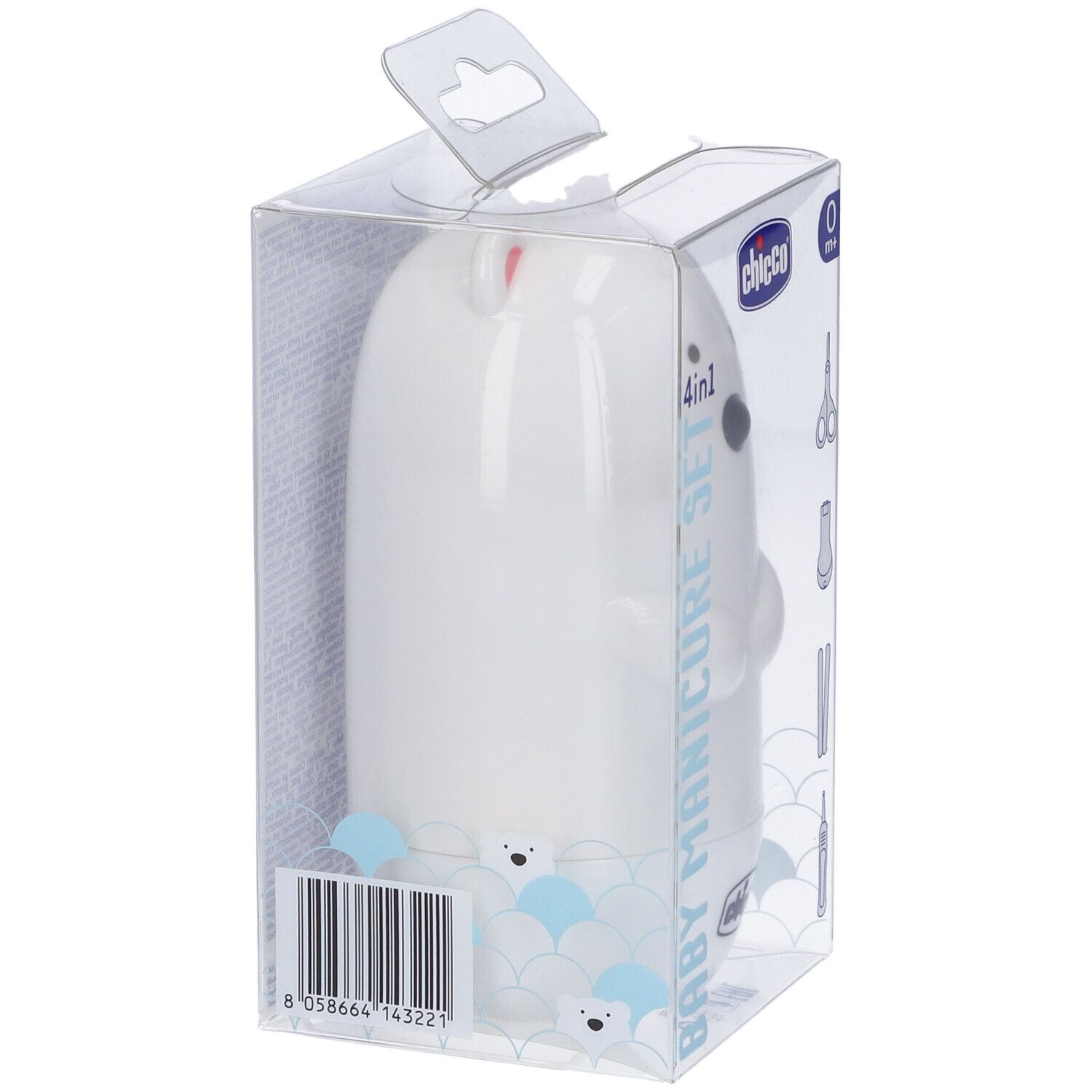Set manicure per bambini in confezione trasparente. Contiene orso bianco, forbici, lima e altro. Marchio: Chicco.
