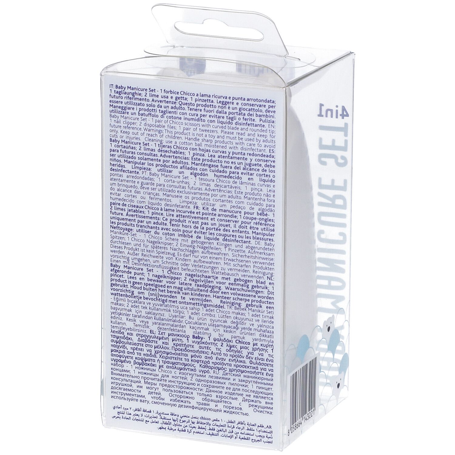 Retro della confezione del set manicure per bambini. Testo multilingue. Marchio: Chicco.