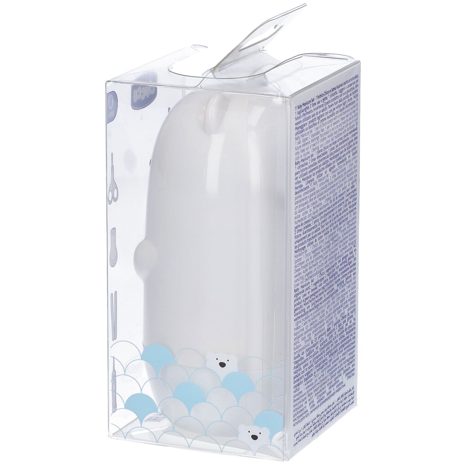 Set manicure per bambini in confezione trasparente. Contiene orso bianco, forbici, lima e altro. Marchio: Chicco.