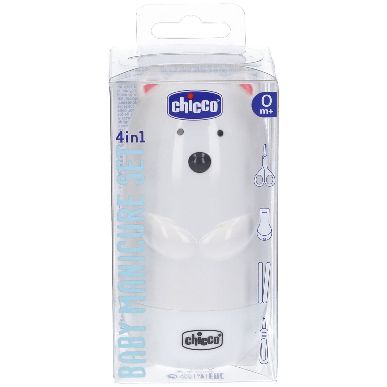 Set manicure per bambini in confezione trasparente. Contiene orso bianco, forbici, lima e altro. Marchio: Chicco.