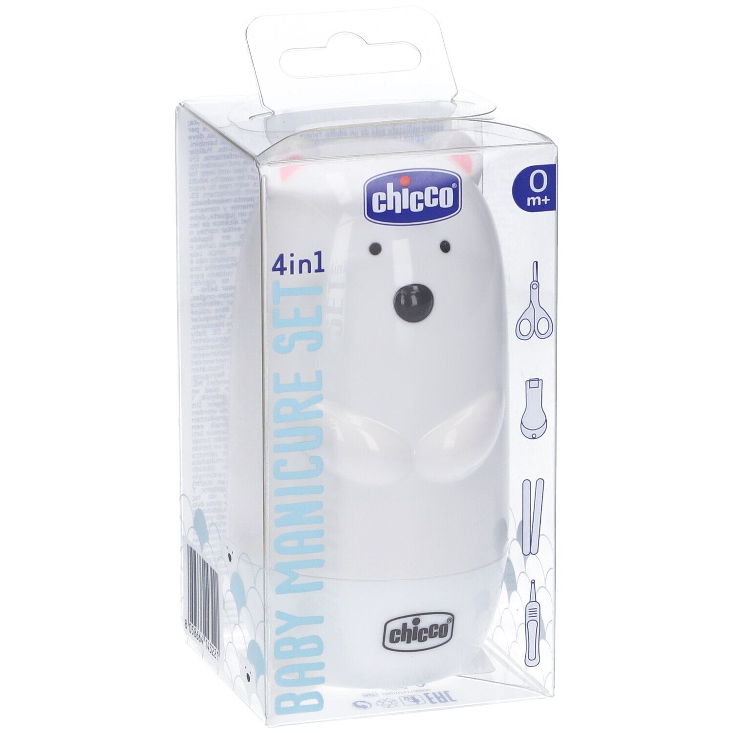 Set manicure per bambini in confezione trasparente. Contiene orso bianco, forbici, lima e altro. Marchio: Chicco.