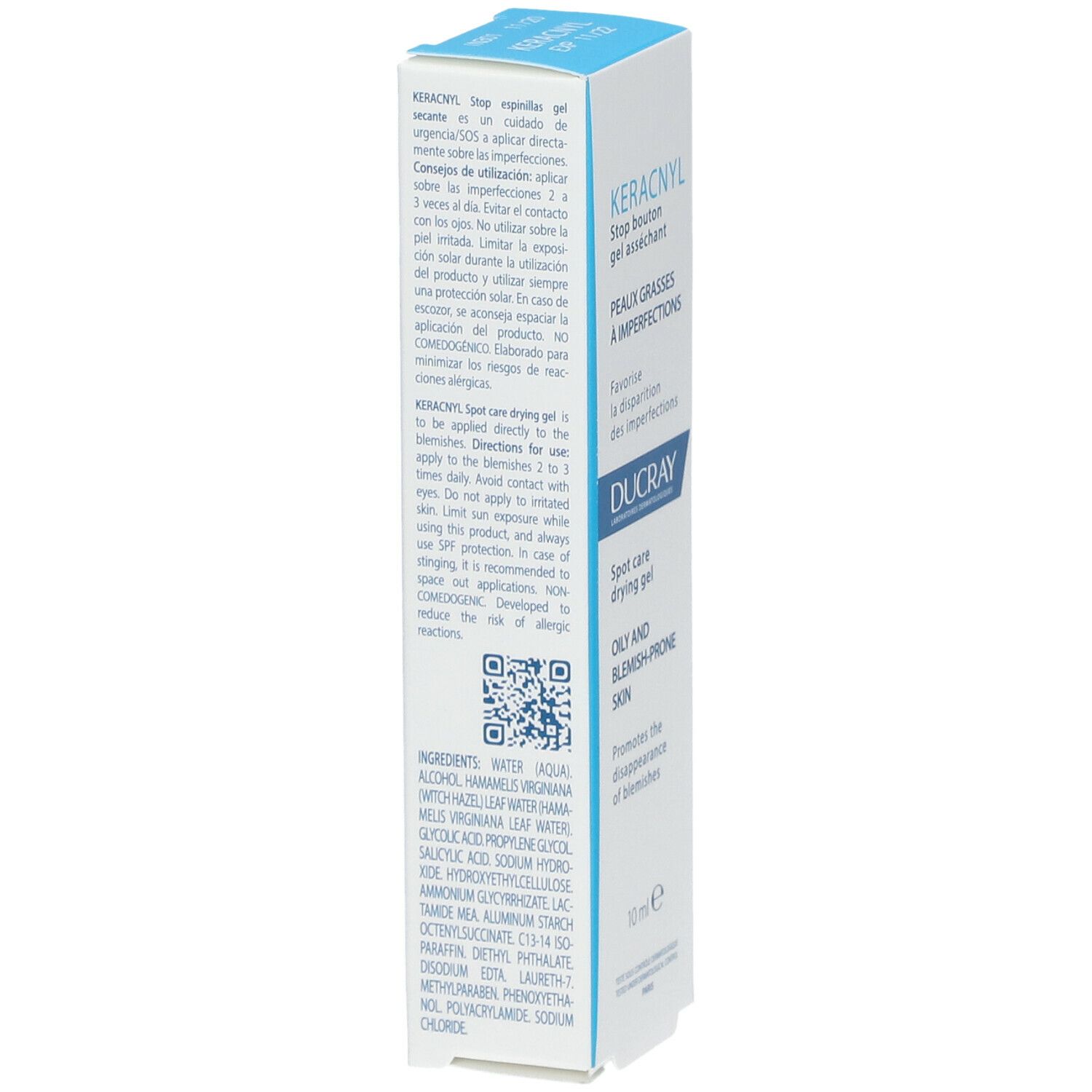 Scatola con testo e codice QR. KERACNYL, Stop bouton gel asséchant, Ducray, Spot care drying gel, 10ml.