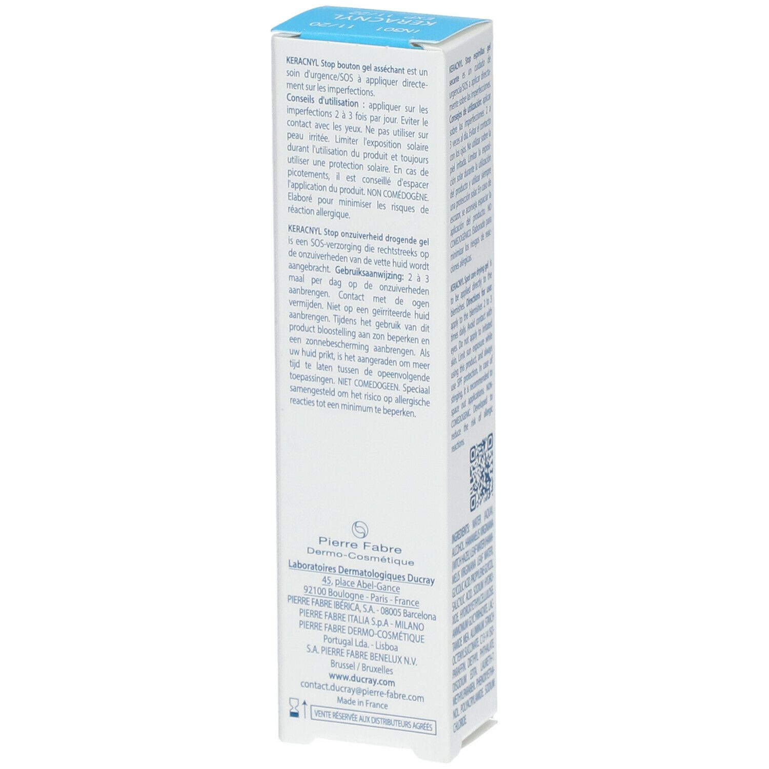 Scatola con testo e codice QR. KERACNYL, Stop bouton gel asséchant, Ducray, Spot care drying gel, 10ml.