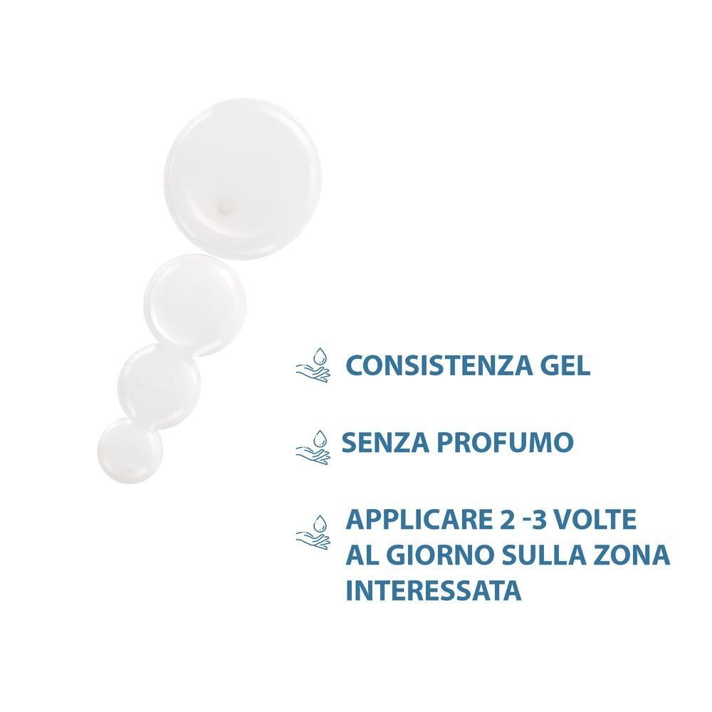 Gocce di gel. Testo: Consistenza gel, Senza profumo, Applicare 2-3 volte al giorno sulla zona interessata.