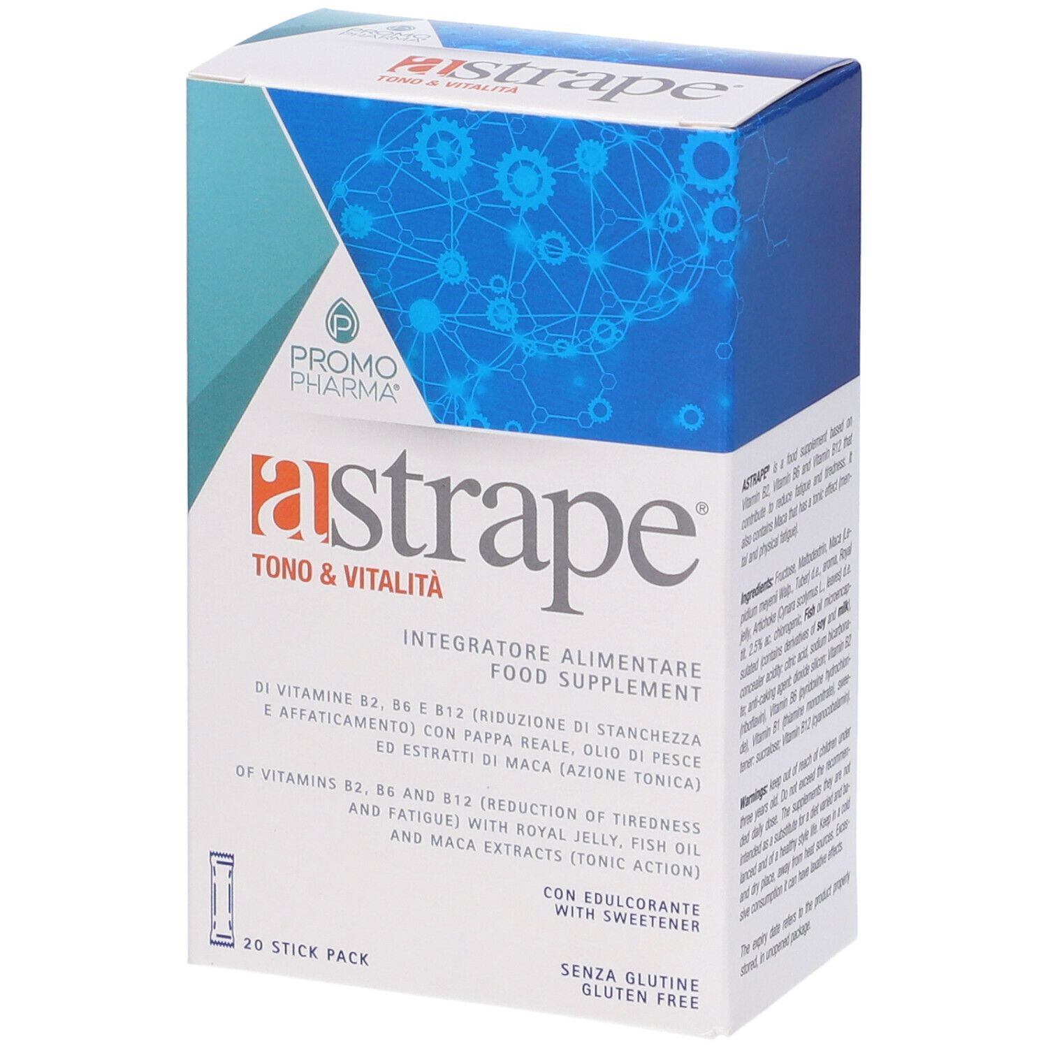 Confezione PromoPharma Astrape. Contiene 20 stick. Scritta: Tono & Vitalità, Integratore Alimentare Food Supplement.