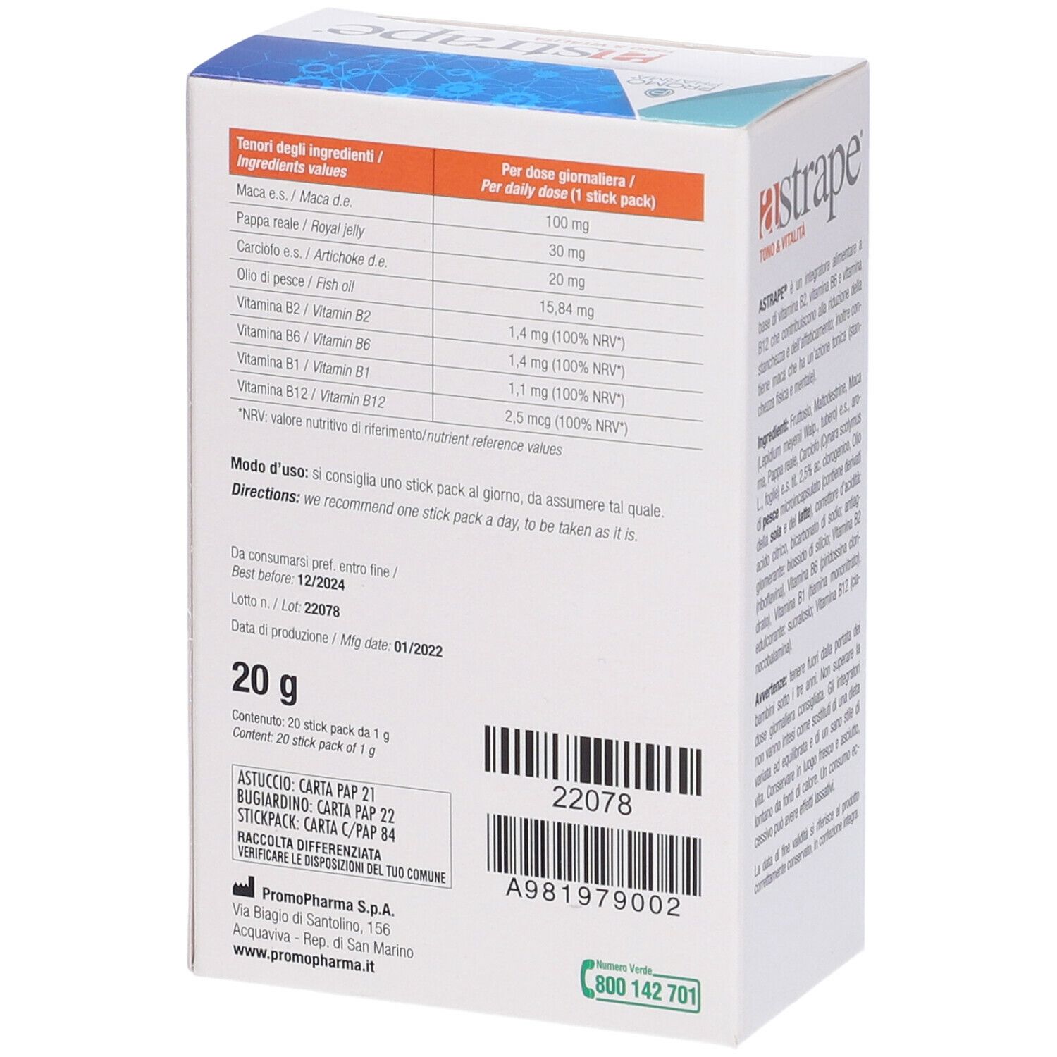 Confezione PromoPharma Astrape, retro. Contiene informazioni su ingredienti, dosaggio e data di produzione.