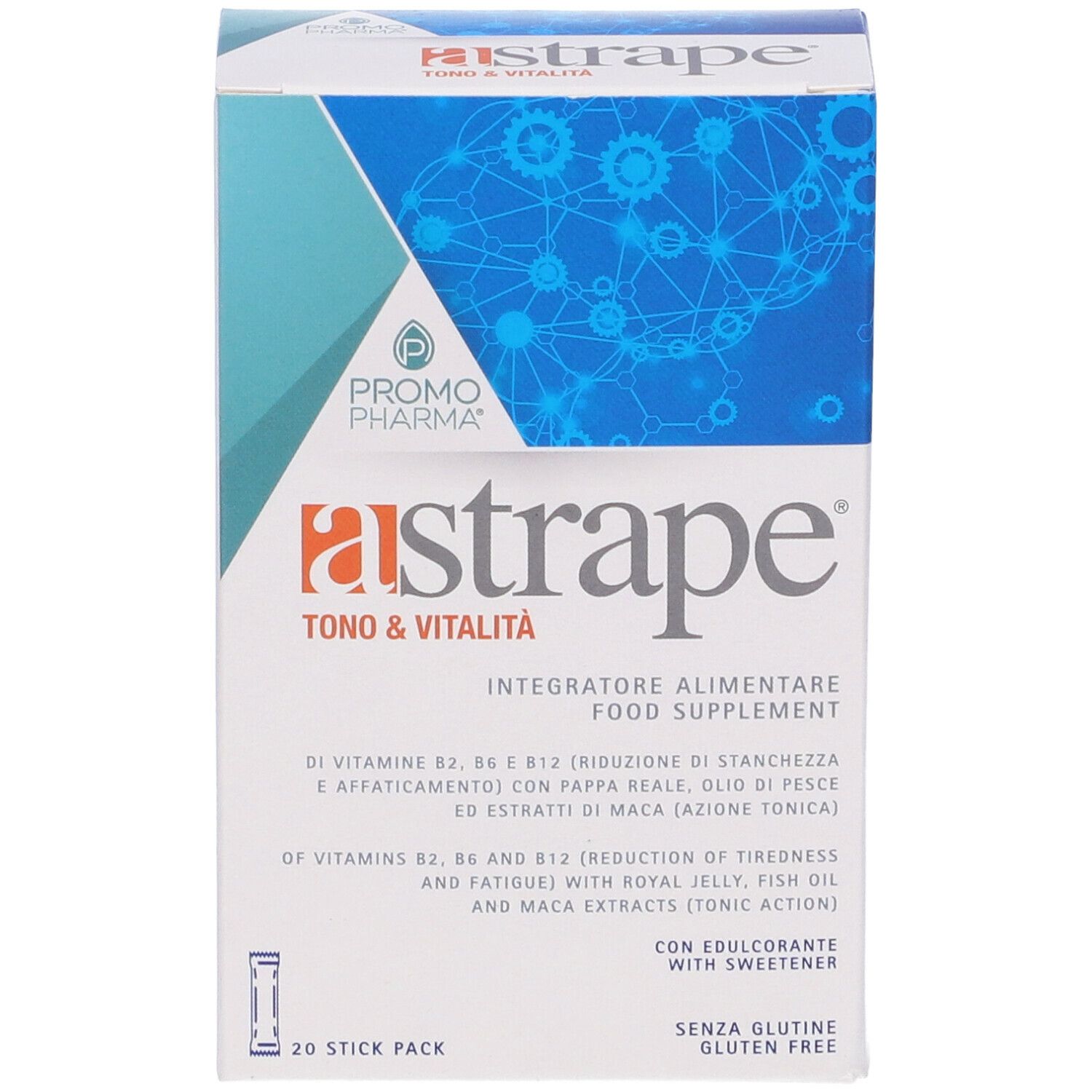 Confezione PromoPharma Astrape. Scritta: Tono & Vitalità, Integratore Alimentare Food Supplement. 20 stick pack.