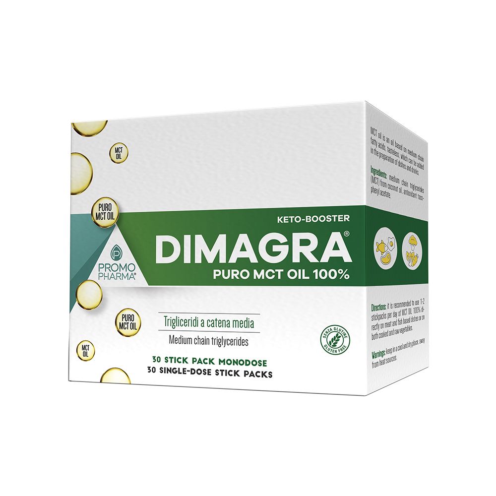 Scatola Dimagra Puro MCT Oil 100%. Design verde e bianco. Contiene 30 stick monodose. Senza glutine.