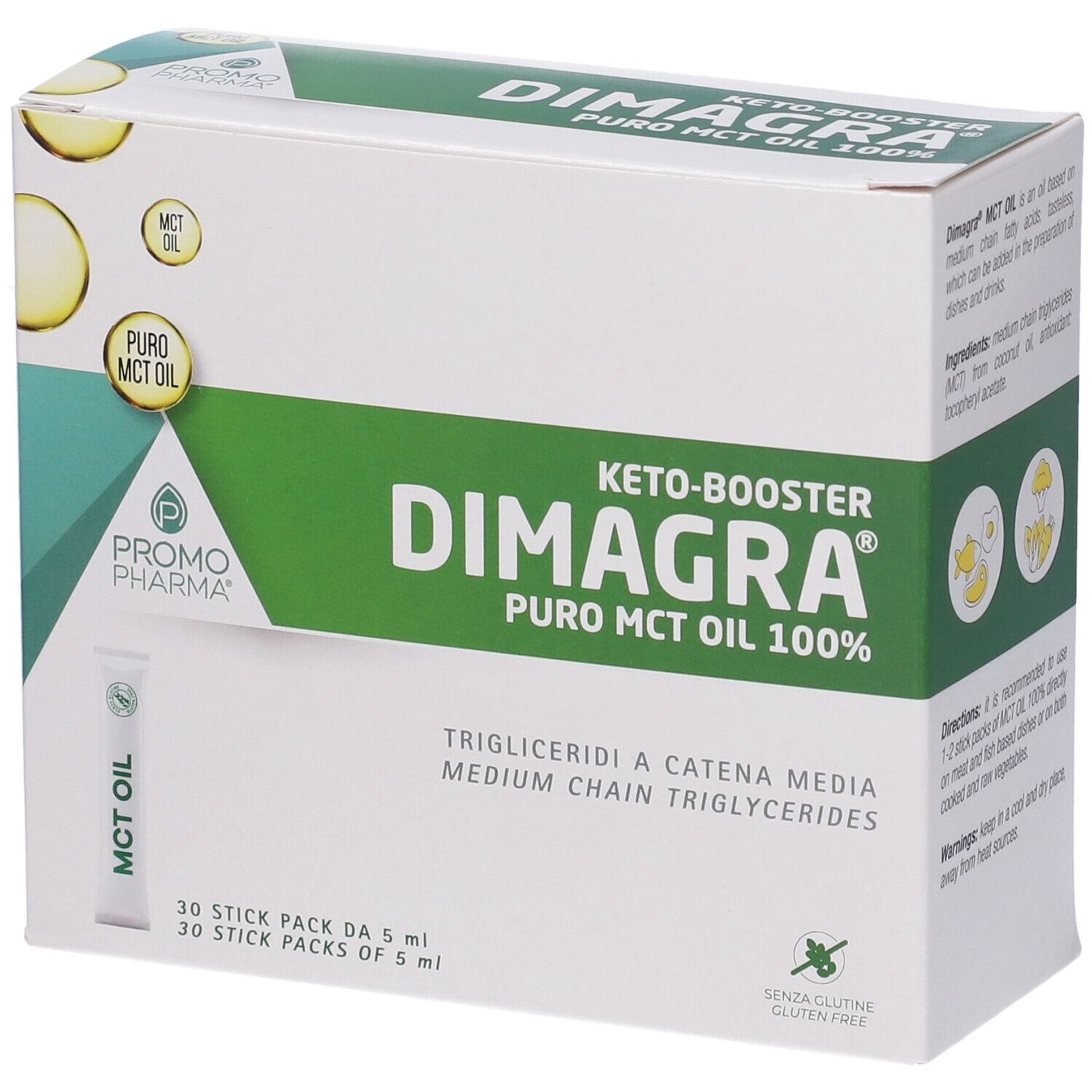 Scatola Dimagra Puro MCT Oil 100%. Design verde e bianco. Contiene 30 stick monodose. Senza glutine.