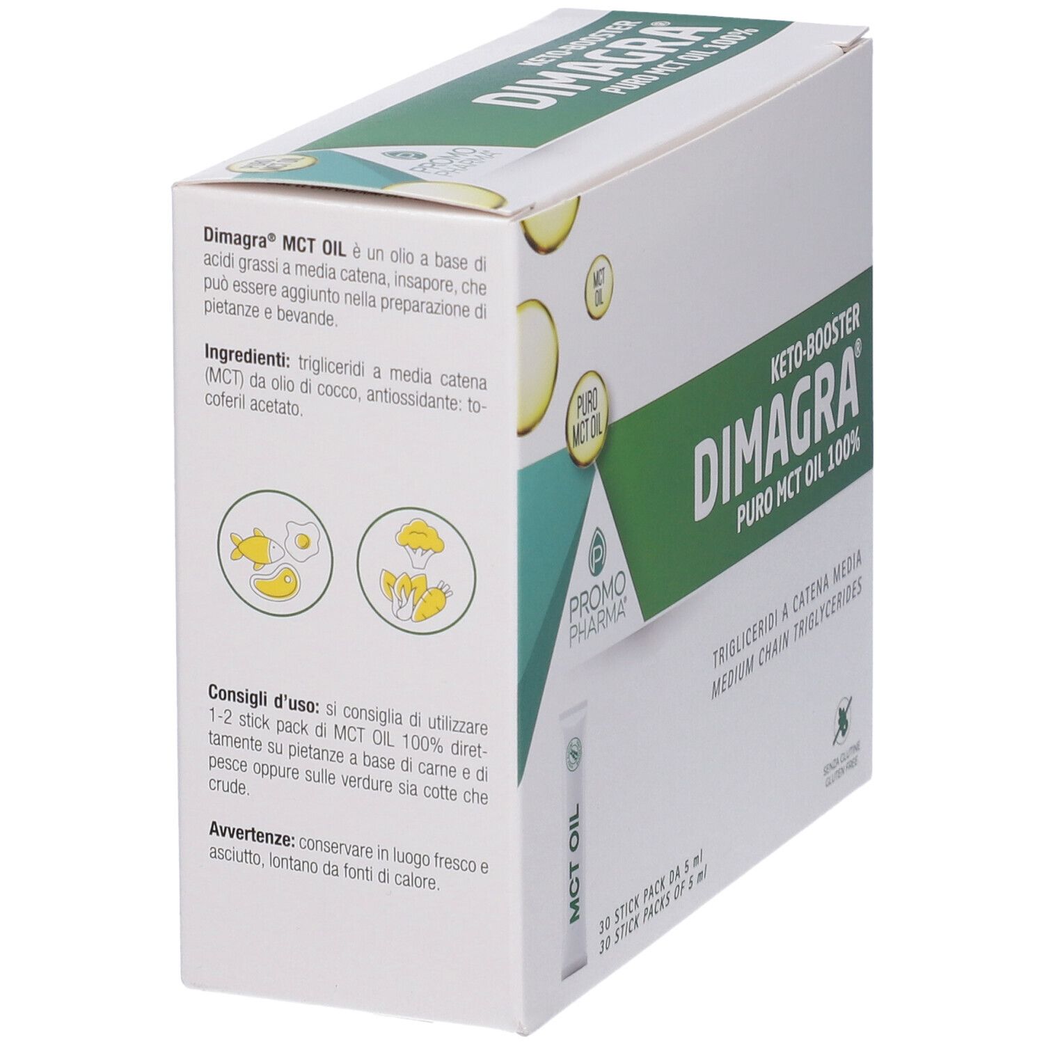 Scatola Dimagra Puro MCT Oil 100%. Design verde e bianco. Contiene 30 stick monodose. Senza glutine.