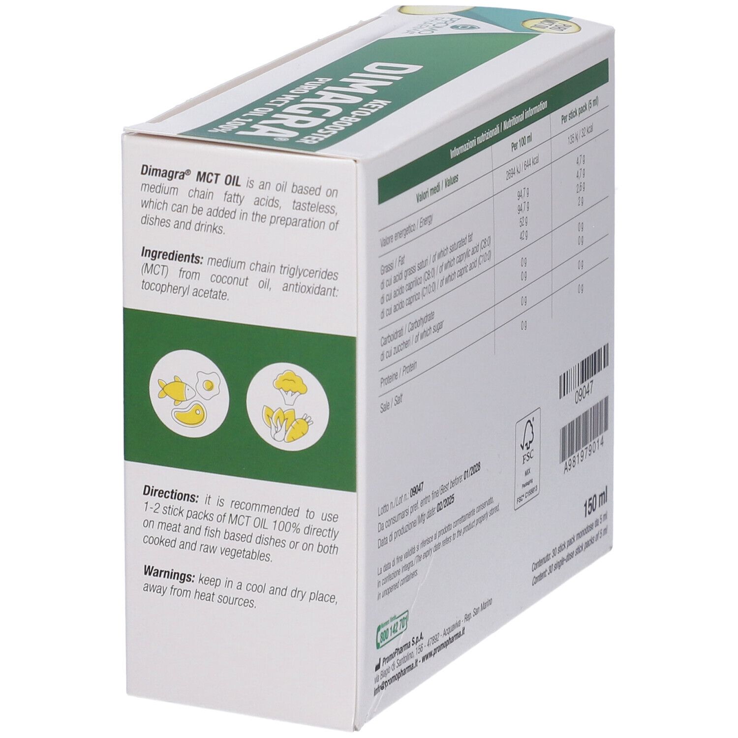Confezione Dimagra MCT Oil 100%. Informazioni nutrizionali, ingredienti, scadenza, istruzioni per l'uso.