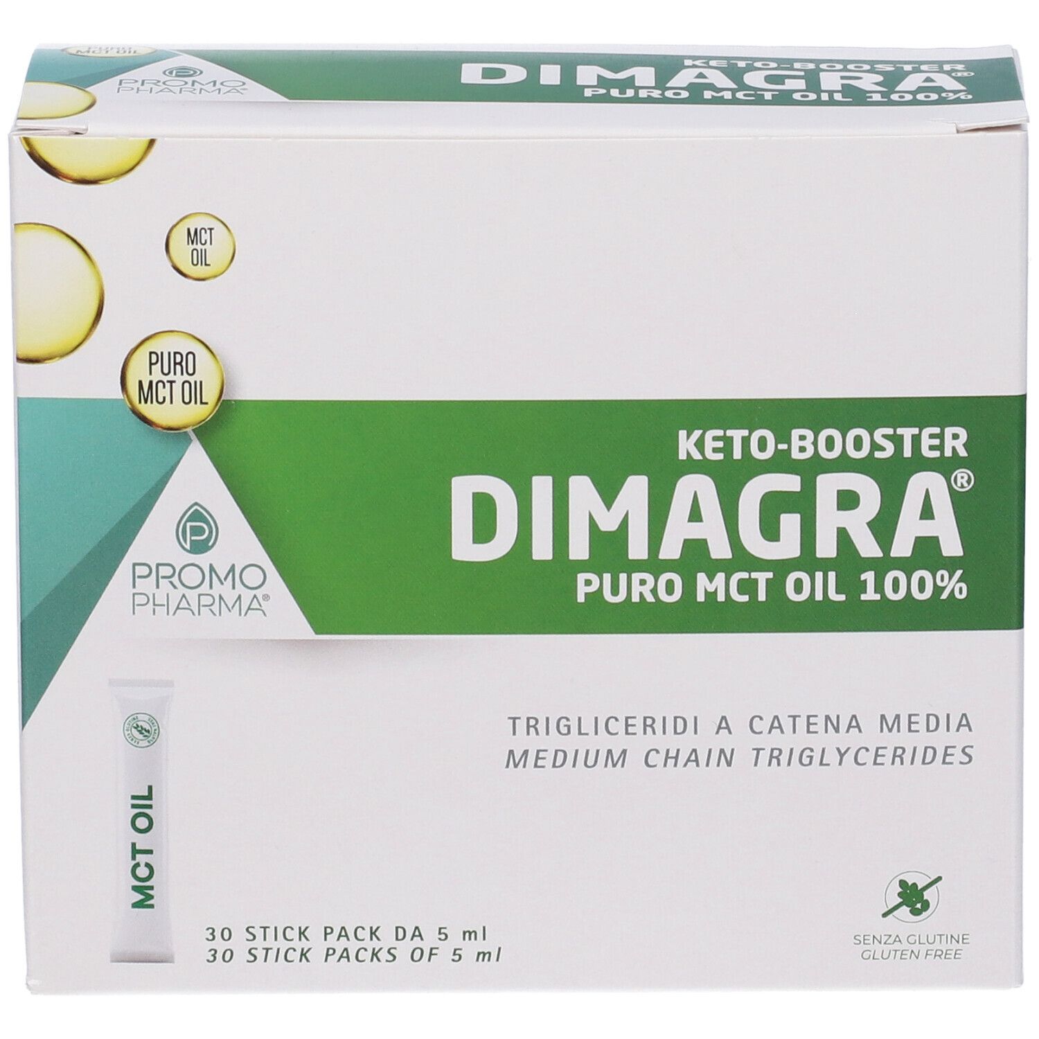 Scatola Dimagra Puro MCT Oil 100%. Design verde e bianco. Contiene 30 stick monodose. Senza glutine.