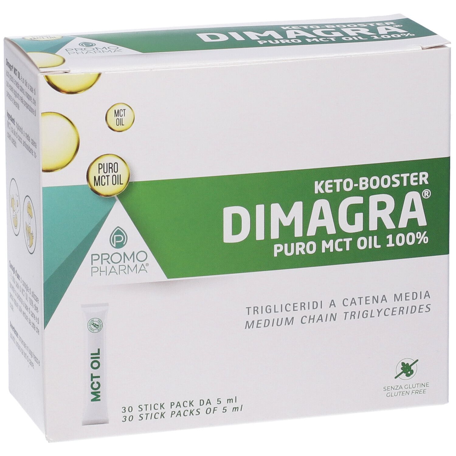 Scatola Dimagra Puro MCT Oil 100%. Design verde e bianco. Contiene 30 stick monodose. Senza glutine.