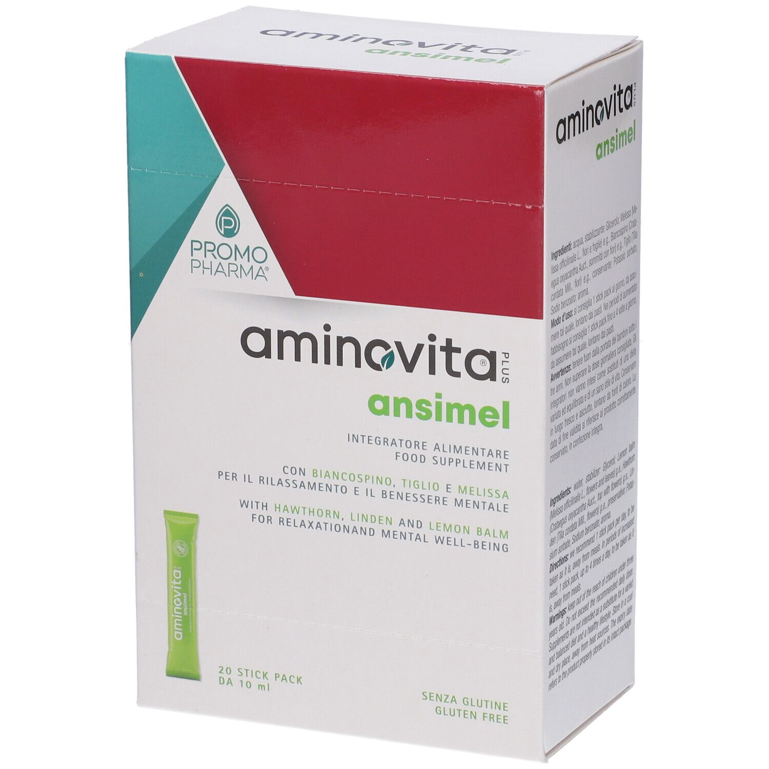 Confezione di Aminovita Plus Ansimel. Scatola bianca con accenti rossi e turchese. Nome del prodotto e logo visibili.