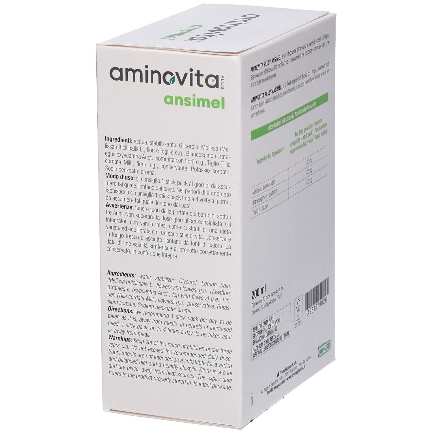 Dettaglio della confezione Aminovita Plus Ansimel. Contiene informazioni sugli ingredienti e l'uso. 200 ml.