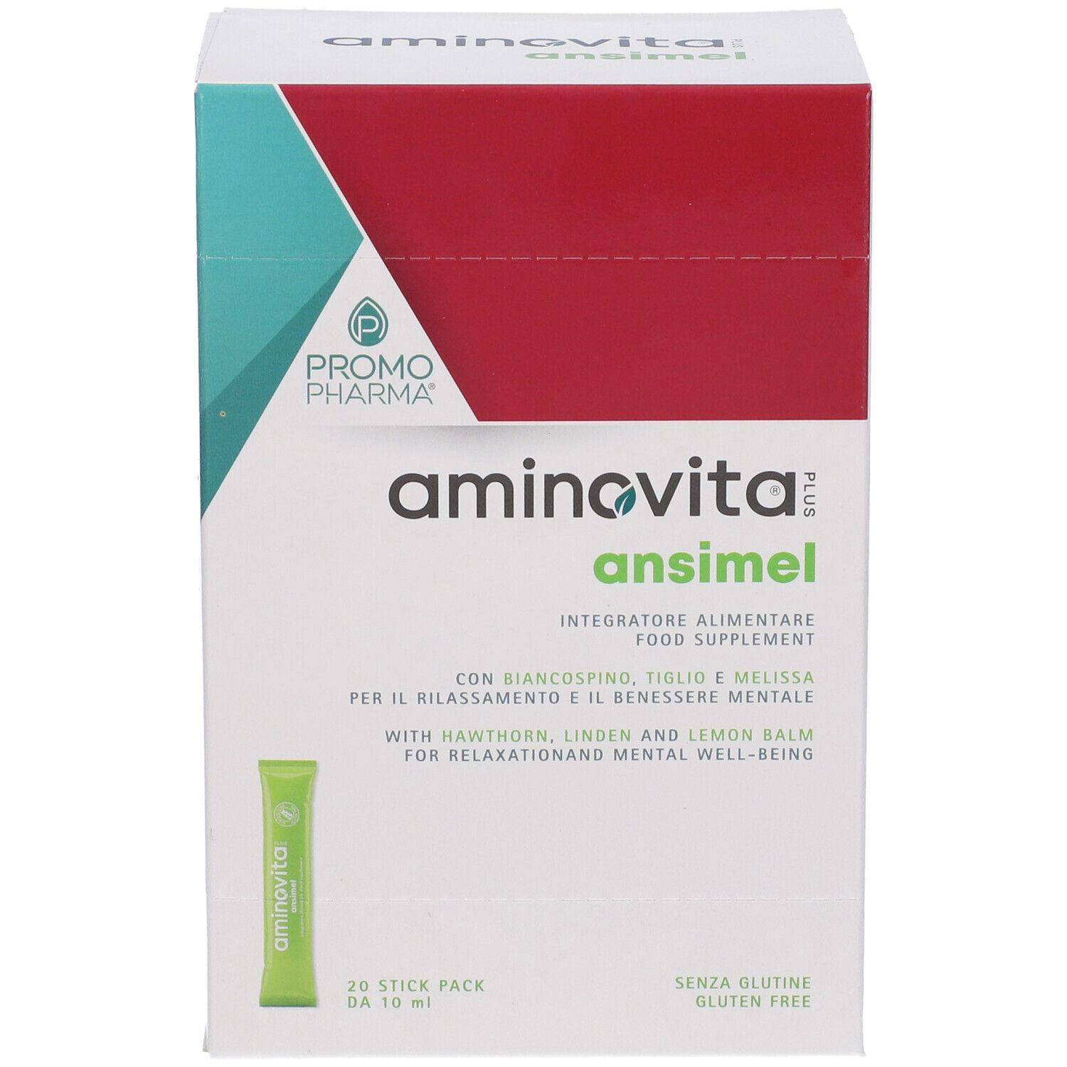 Confezione di Aminovita Plus Ansimel. Scatola bianca con accenti rossi e turchese. Nome del prodotto e logo visibili.