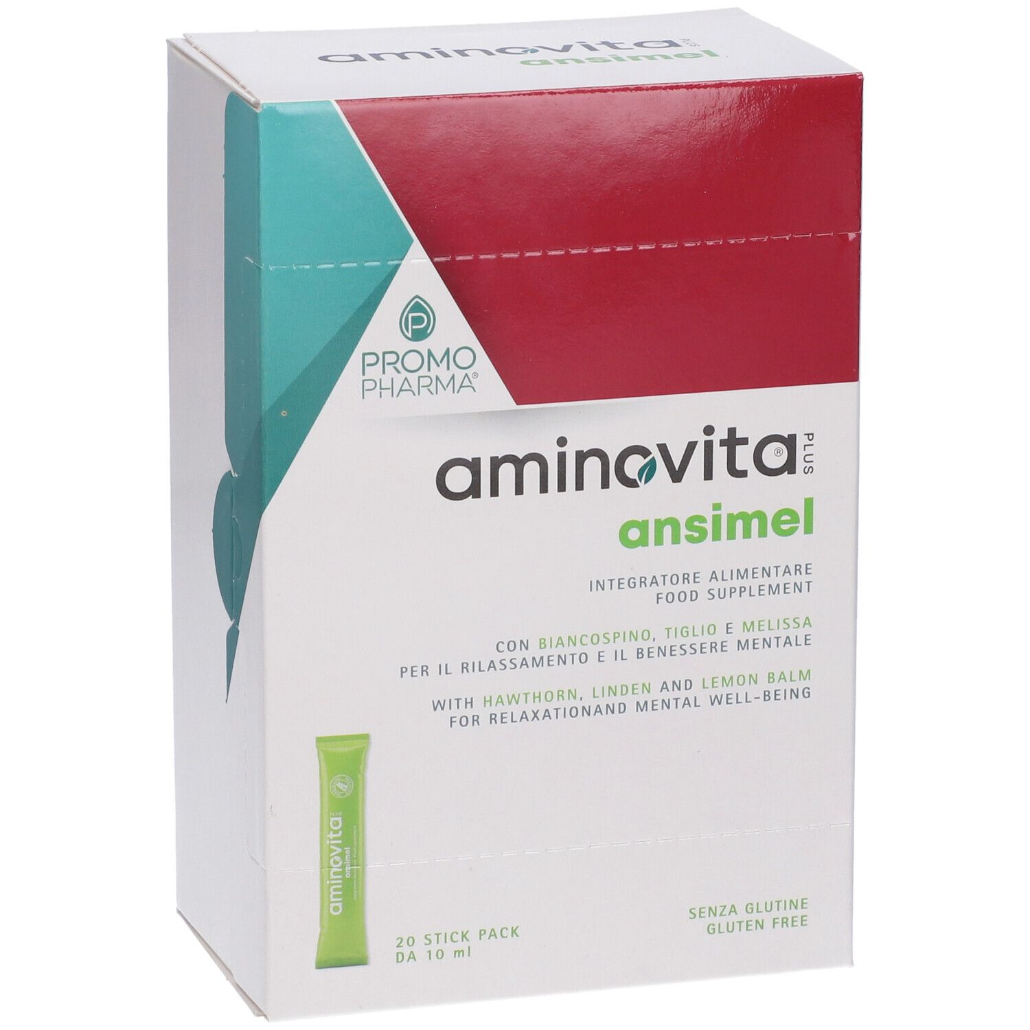 Confezione di Aminovita Plus Ansimel. Scatola bianca con accenti rossi e turchese. Nome del prodotto e logo visibili.