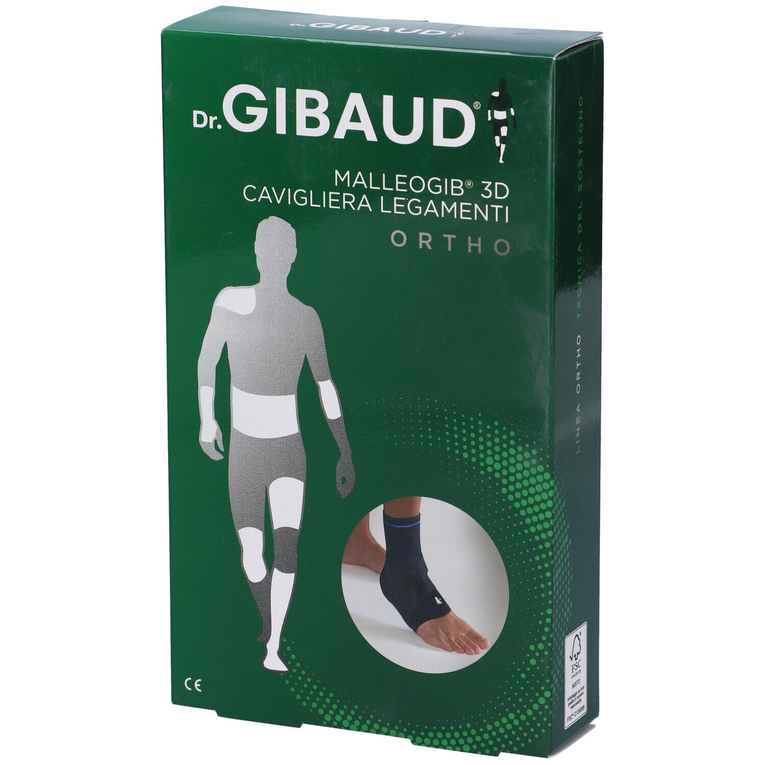 Confezione verde. Immagine prodotto: tutore caviglia. Testo: Dr. Gibaud, Malleogib 3D, Ortho.