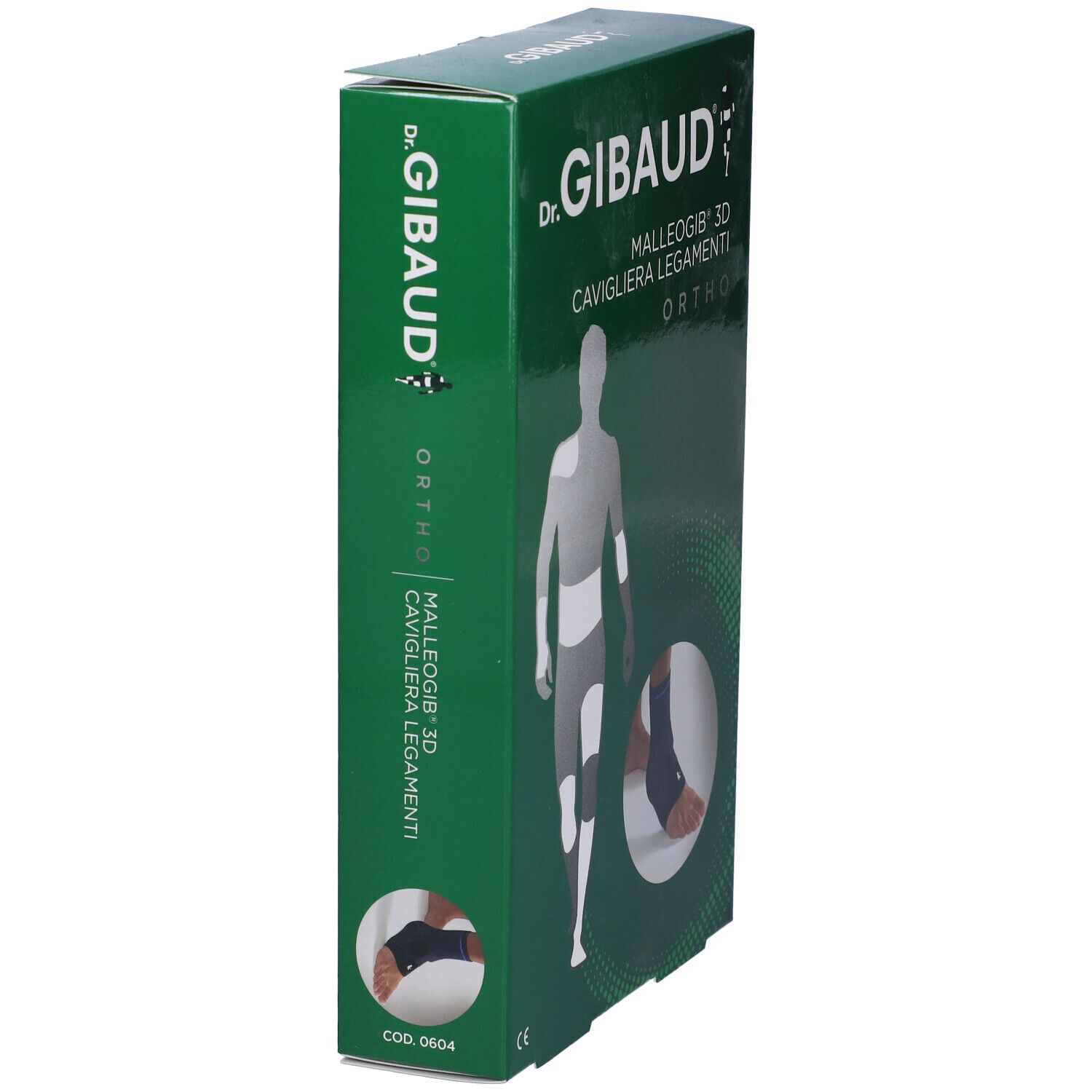 Confezione verde. Immagine prodotto: tutore caviglia. Testo: Dr. Gibaud, Malleogib 3D, Ortho.