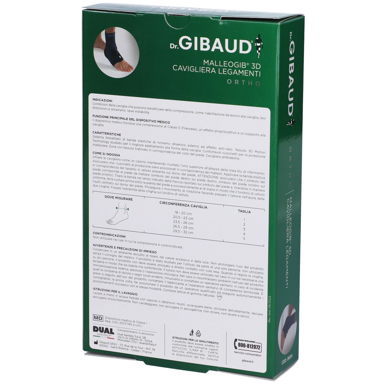 Confezione verde. Retro con testo e tabella taglie. Testo: Dr. Gibaud, Malleogib 3D, Ortho.