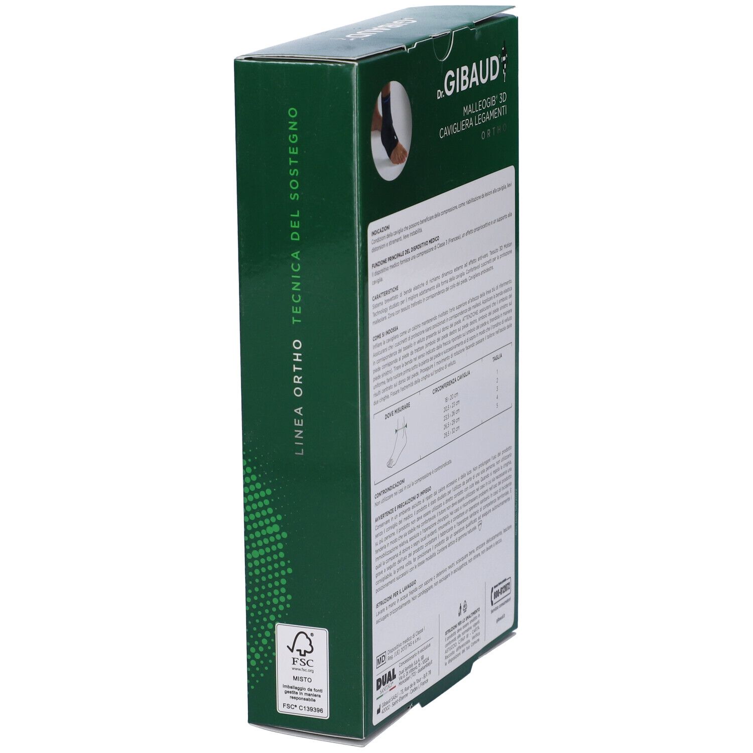 Confezione verde. Lato con testo. Testo: Dr. Gibaud, Malleogib 3D, Ortho. Logo FSC.