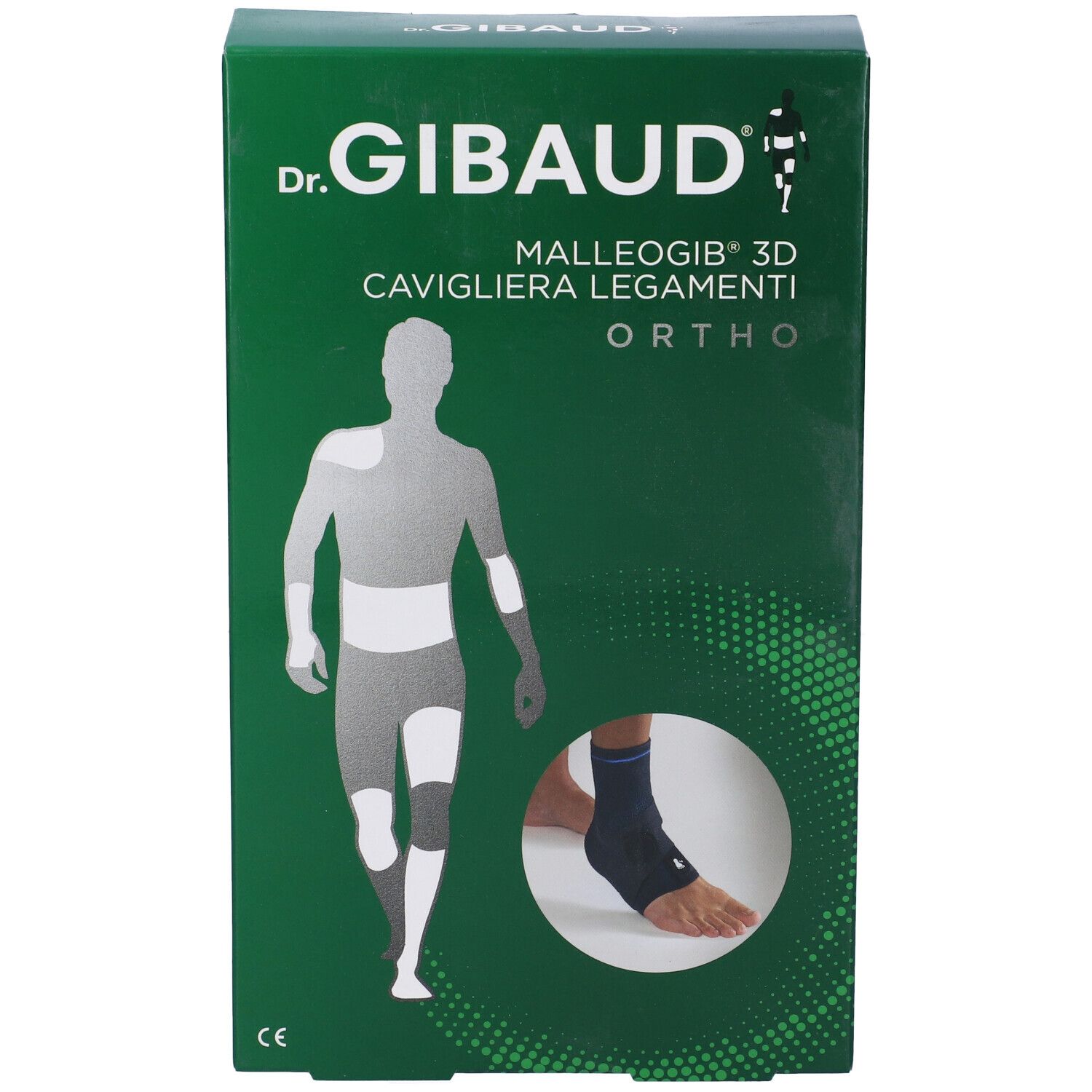 Confezione verde. Immagine prodotto: tutore caviglia. Testo: Dr. Gibaud, Malleogib 3D, Ortho.