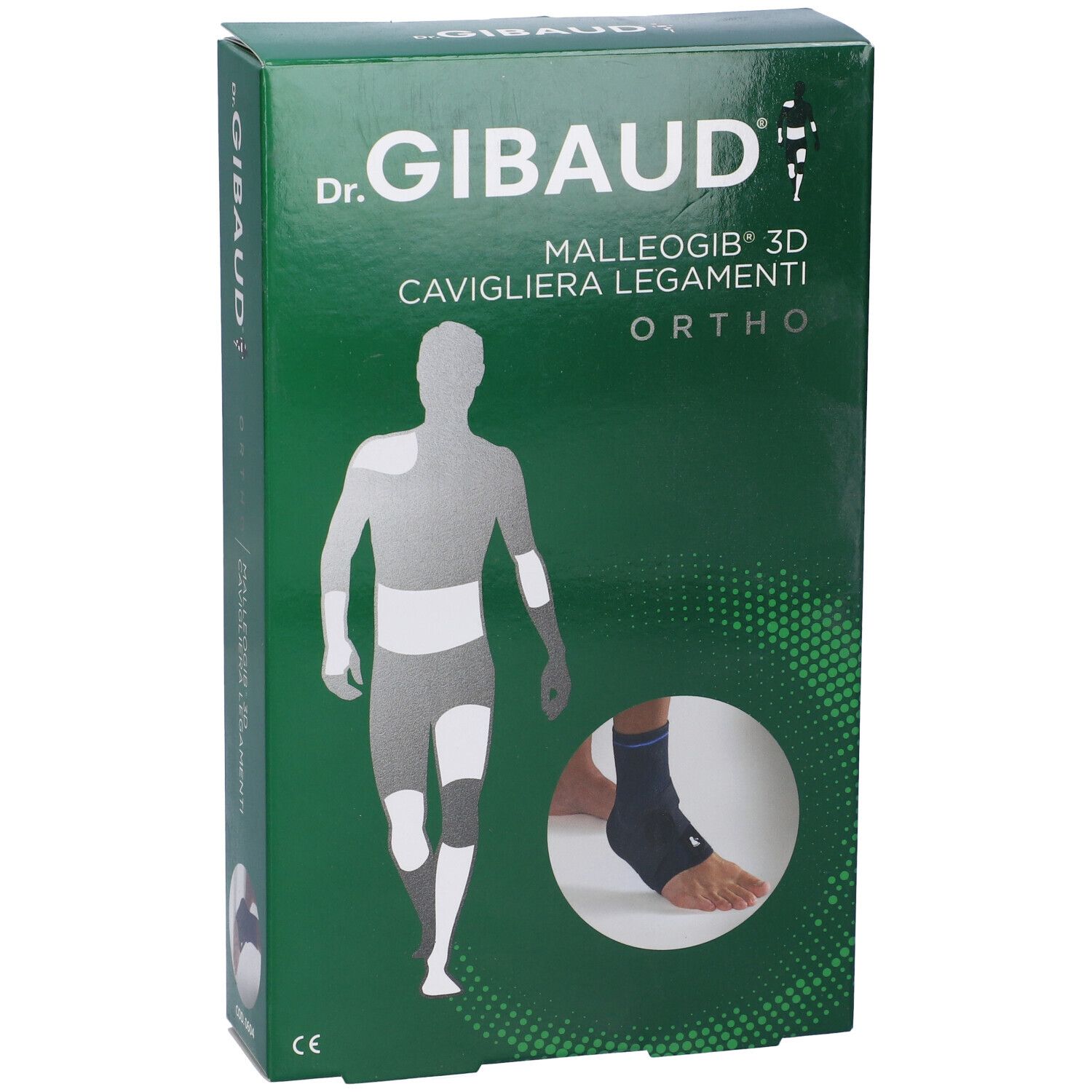 Confezione verde. Immagine prodotto: tutore caviglia. Testo: Dr. Gibaud, Malleogib 3D, Ortho.