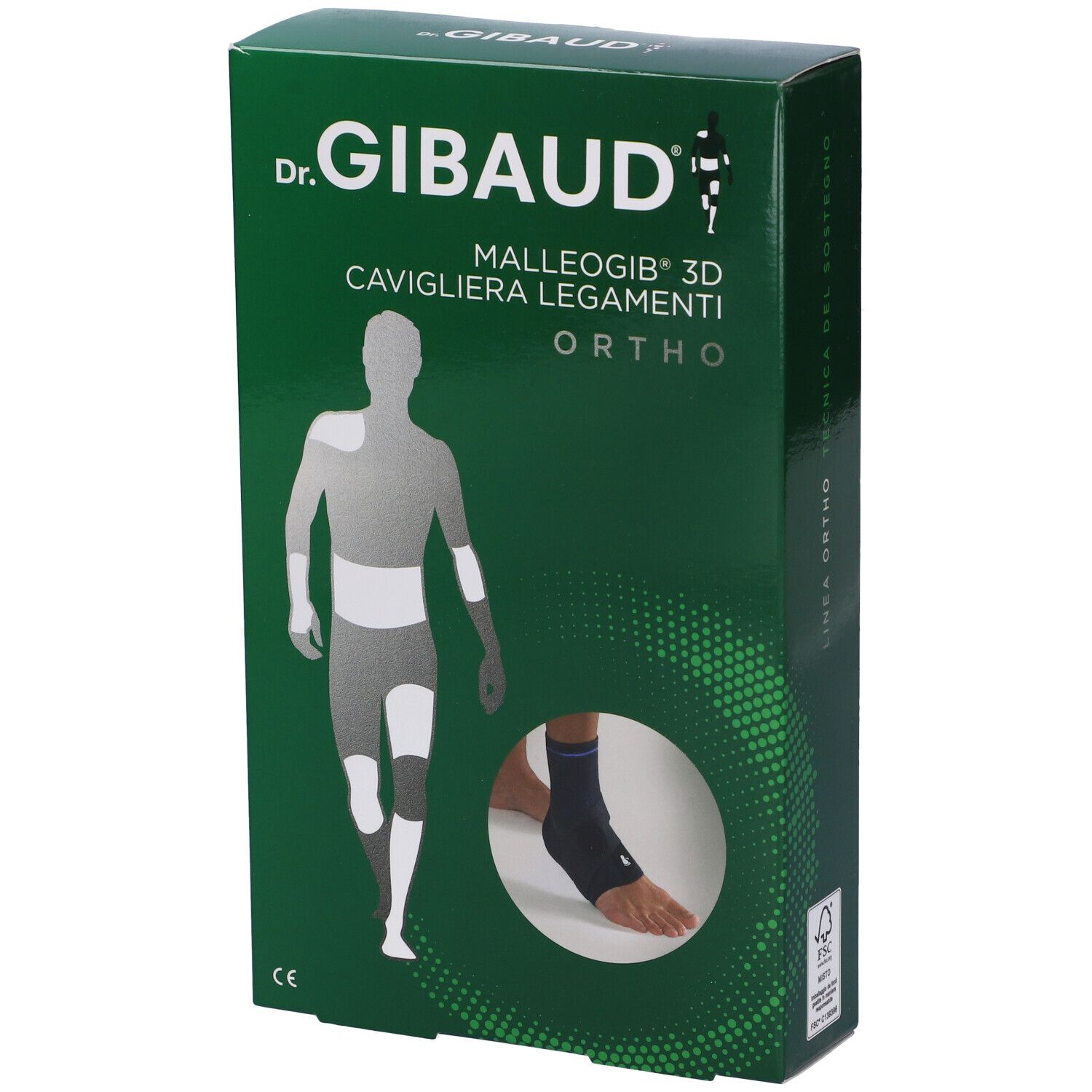 Confezione verde con immagine del prodotto. Scritta: Dr. Gibaud, Malleogib 3D Cavigliera Legamenti Ortho. Marchio CE.