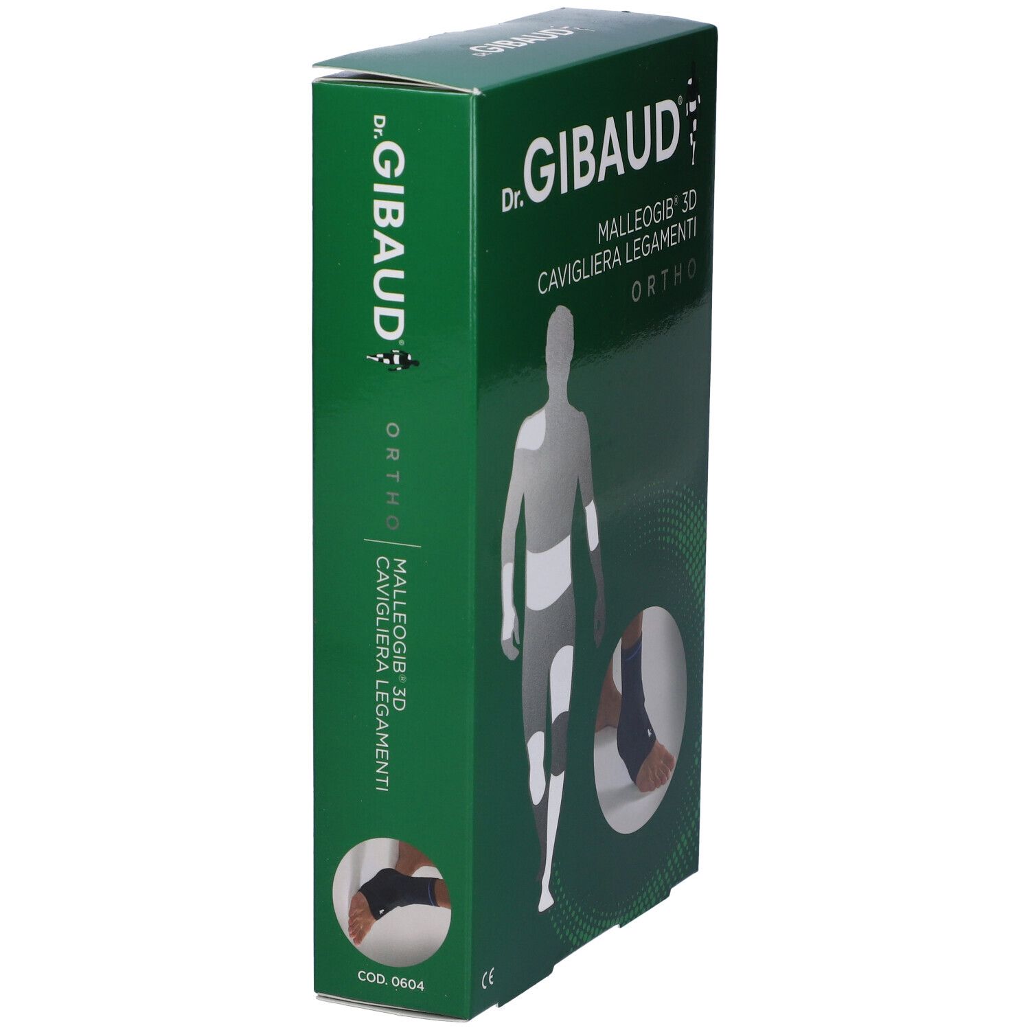 Confezione verde, vista laterale. Scritta: Dr. Gibaud, Malleogib 3D Cavigliera Legamenti Ortho. Immagine del prodotto.