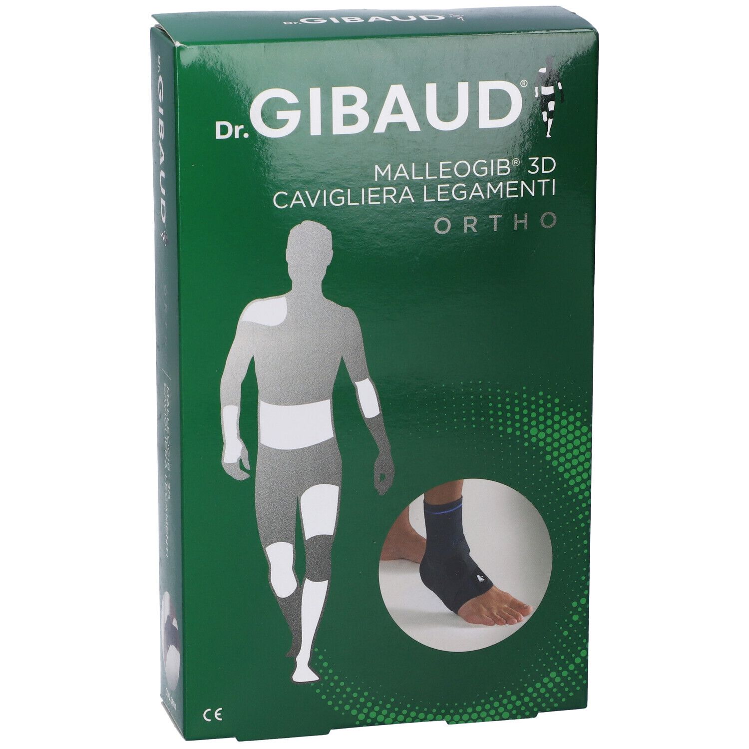Confezione verde con immagine del prodotto. Scritta: Dr. Gibaud, Malleogib 3D Cavigliera Legamenti Ortho. Marchio CE.