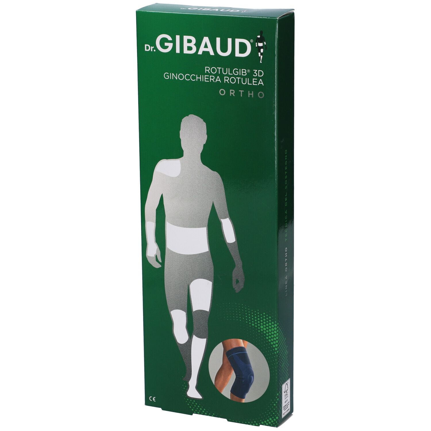 Confezione verde della ginocchiera. Marchio Dr. Gibaud. Nome prodotto: Rotulgib 3D Ginocchiera Rotulea Ortho. Illustrazione.