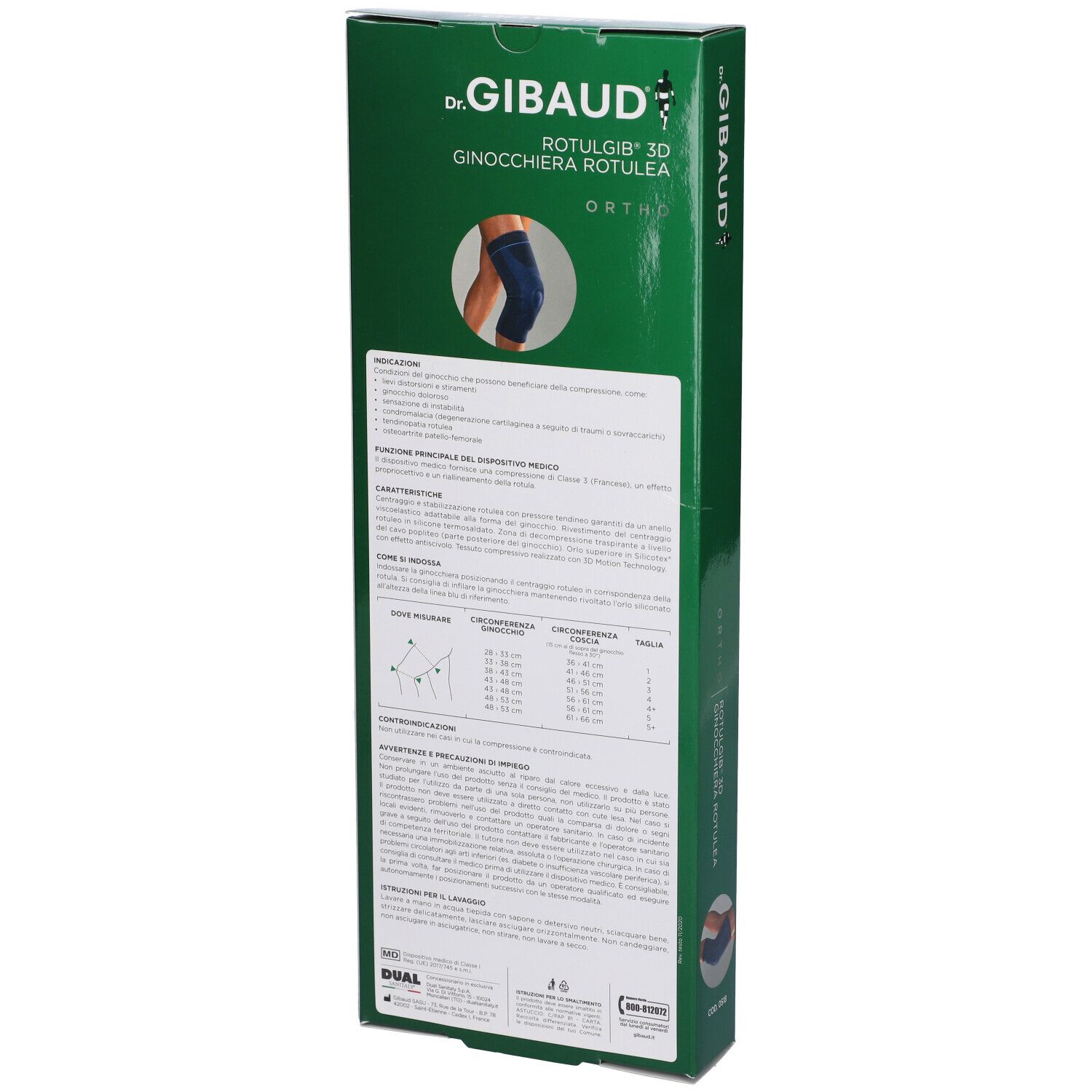 Retro della confezione. Confezione verde. Marchio Dr. Gibaud. Nome prodotto: Rotulgib 3D Ginocchiera Rotulea Ortho. Testo e illustrazioni.