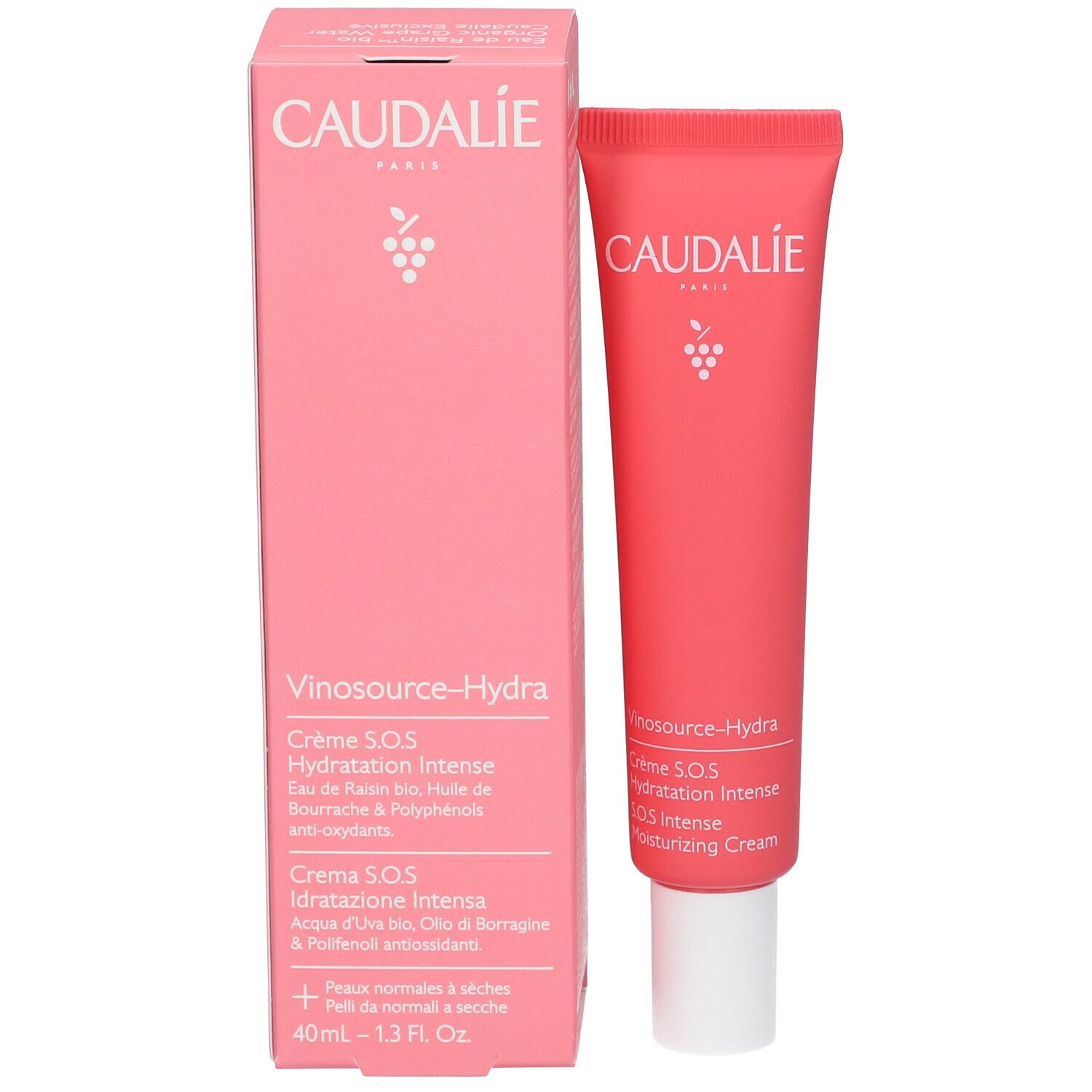 Confezione del prodotto con tubo. Scatola e tubo rosa. Logo Caudalie.