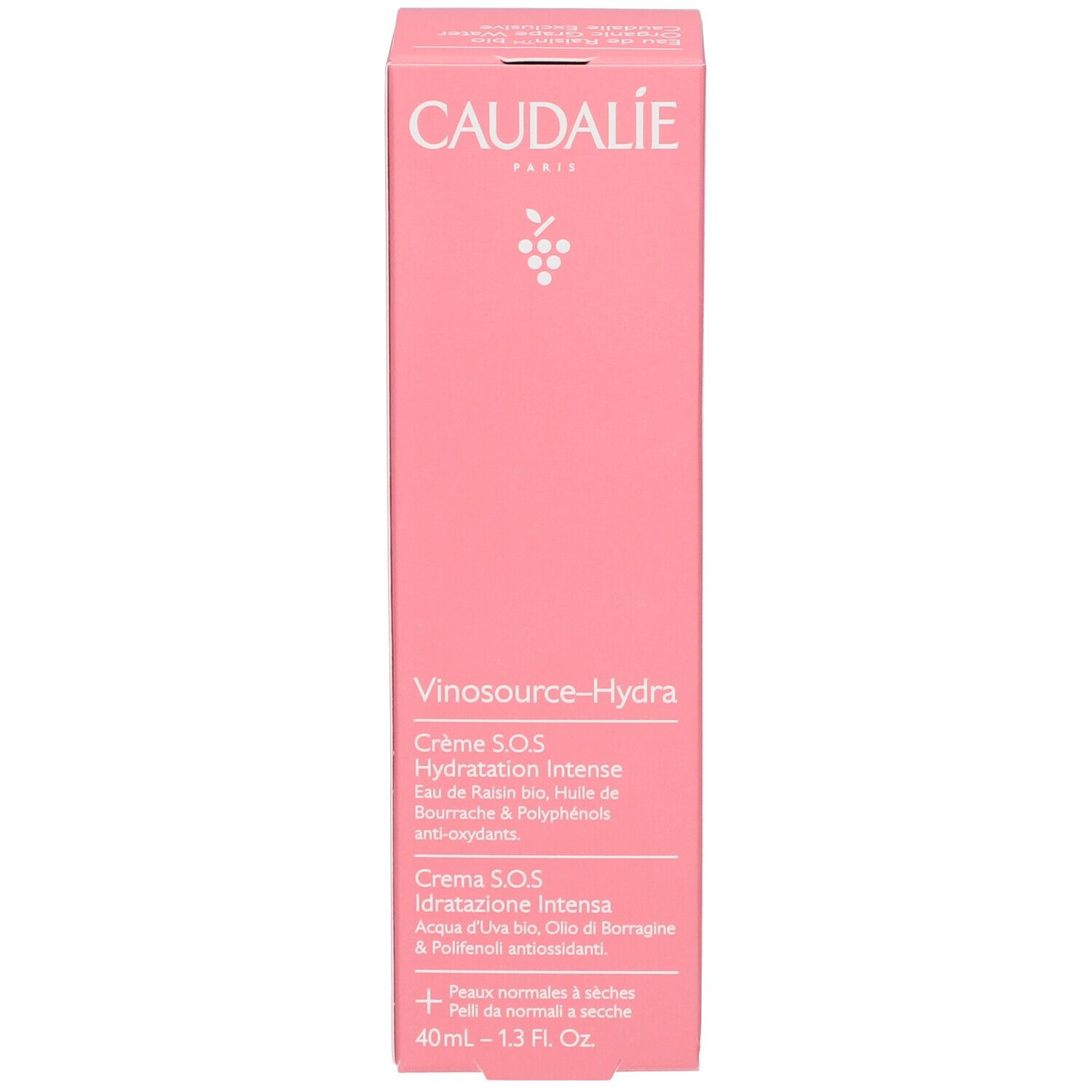 Scatola rosa con logo Caudalie e nome del prodotto. Testo.