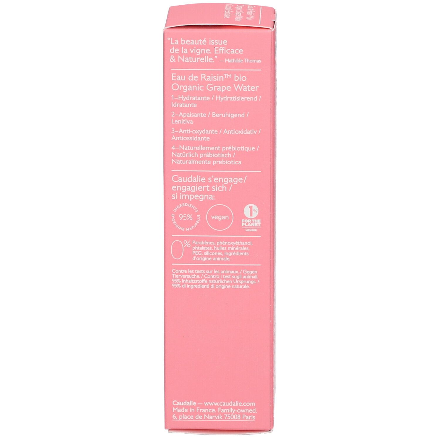 Scatola rosa, testo. Ingredienti, certificazioni, informazioni Caudalie.