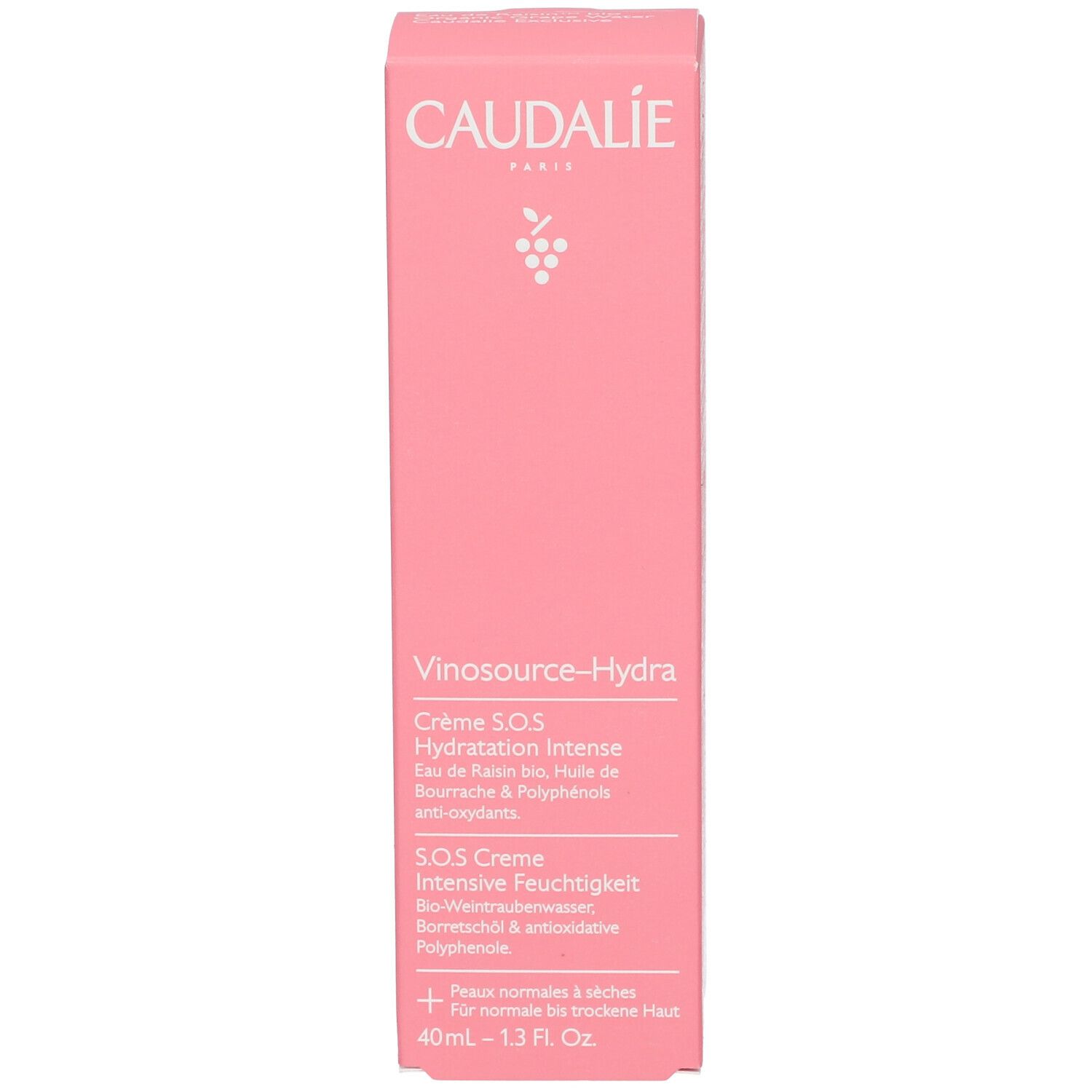 Scatola rosa con nome del prodotto e logo Caudalie. Testo.