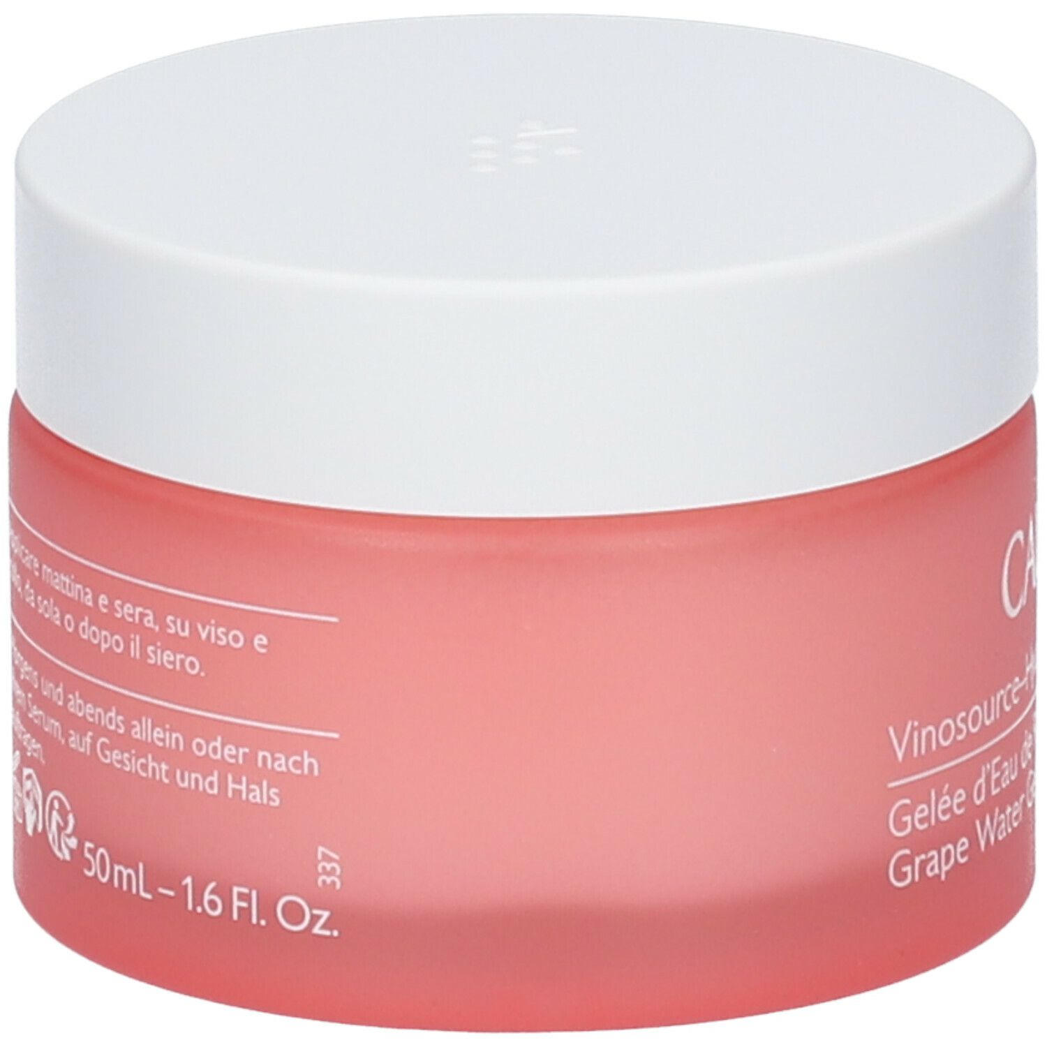 Vaso rosa con coperchio bianco. Scritta: CAUDALIE, Vinosource-Hydra, Gelée d'Eau de Raisin Hydratante, Grape Water Gel Moisturizer.