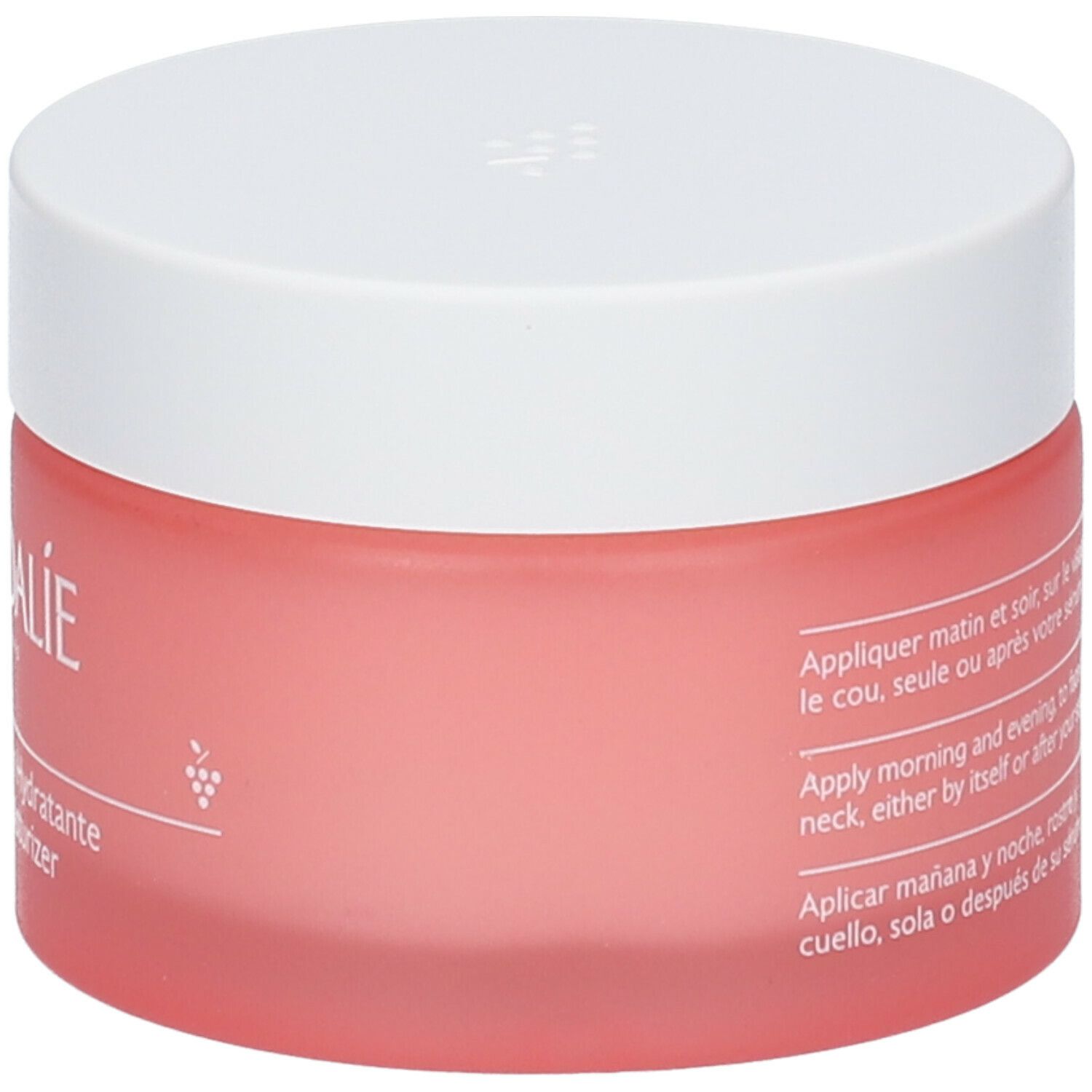 Vaso rosa con coperchio bianco. Scritta: CAUDALIE, Vinosource-Hydra, Gelée d'Eau de Raisin Hydratante, Grape Water Gel Moisturizer.