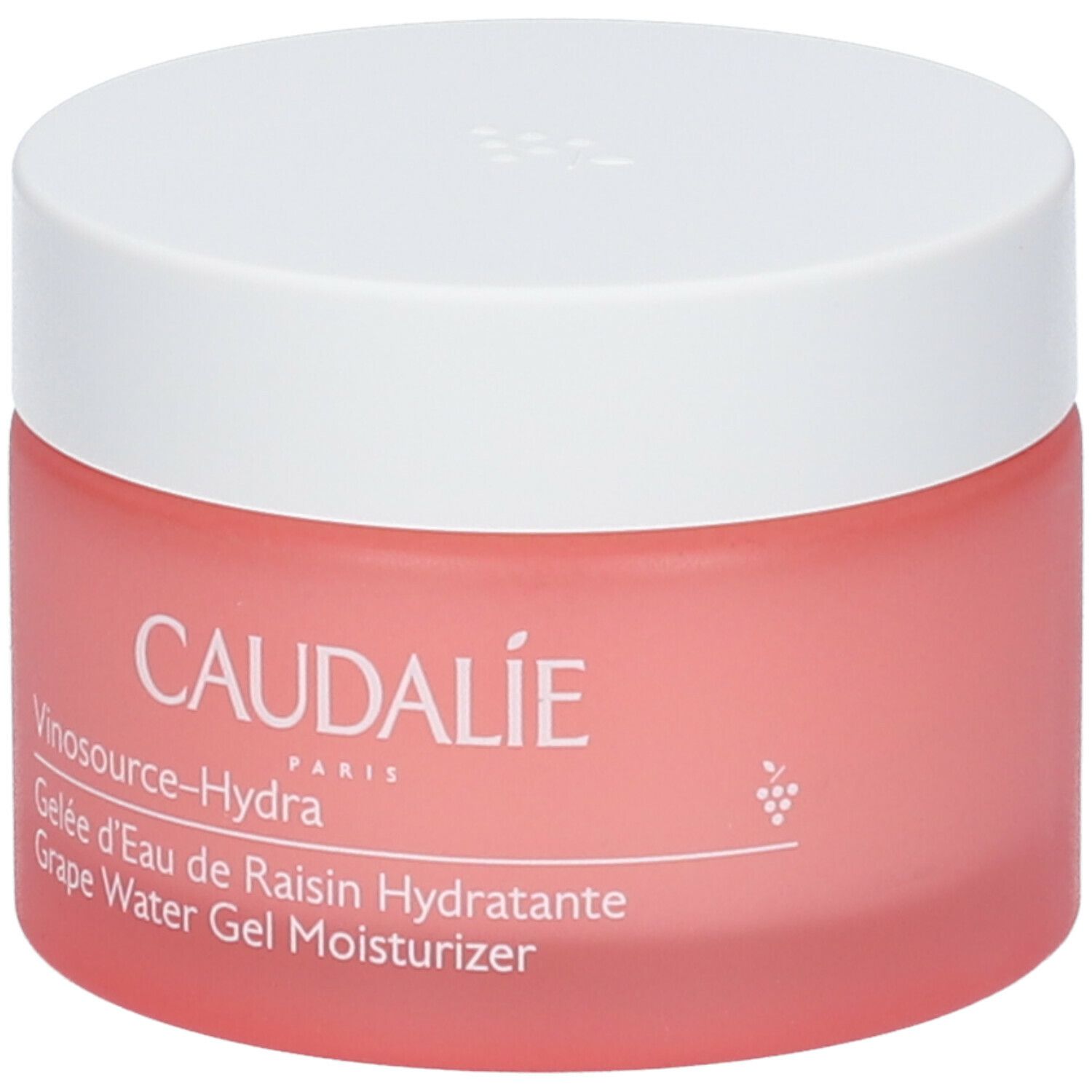 Vaso rosa con coperchio bianco. Scritta: CAUDALIE, Vinosource-Hydra, Gelée d'Eau de Raisin Hydratante, Grape Water Gel Moisturizer.