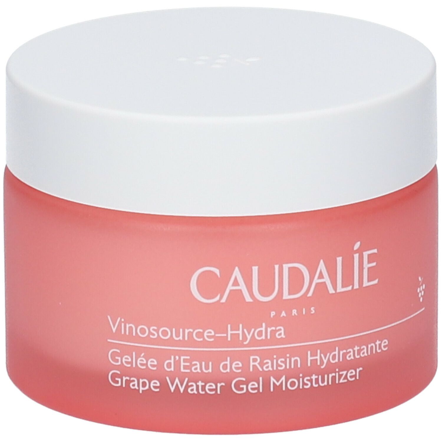 Vaso rosa con coperchio bianco. Scritta: CAUDALIE, Vinosource-Hydra, Gelée d'Eau de Raisin Hydratante, Grape Water Gel Moisturizer.