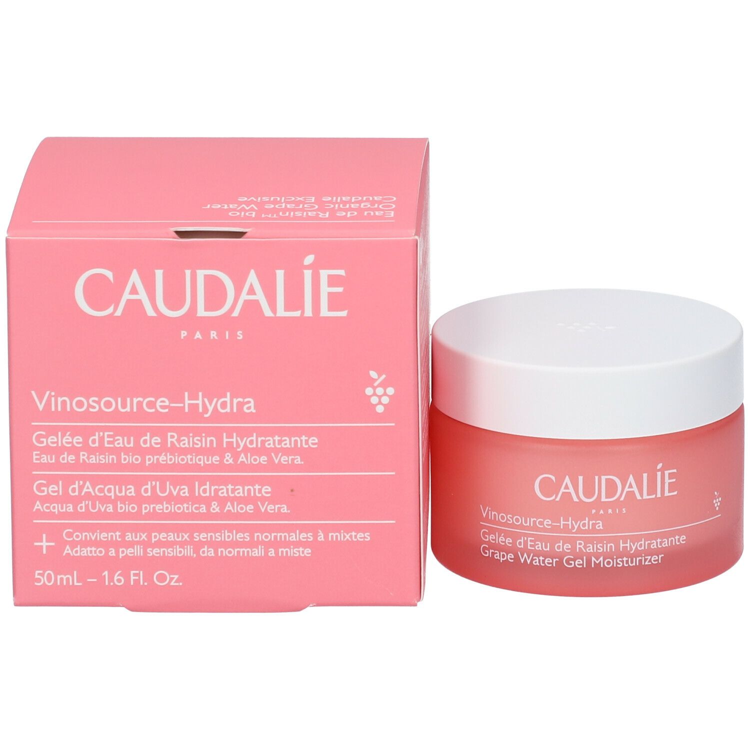 Vaso e scatola rosa. Scritta: CAUDALIE, Vinosource-Hydra, Gelée d'Eau de Raisin Hydratante, Grape Water Gel Moisturizer.