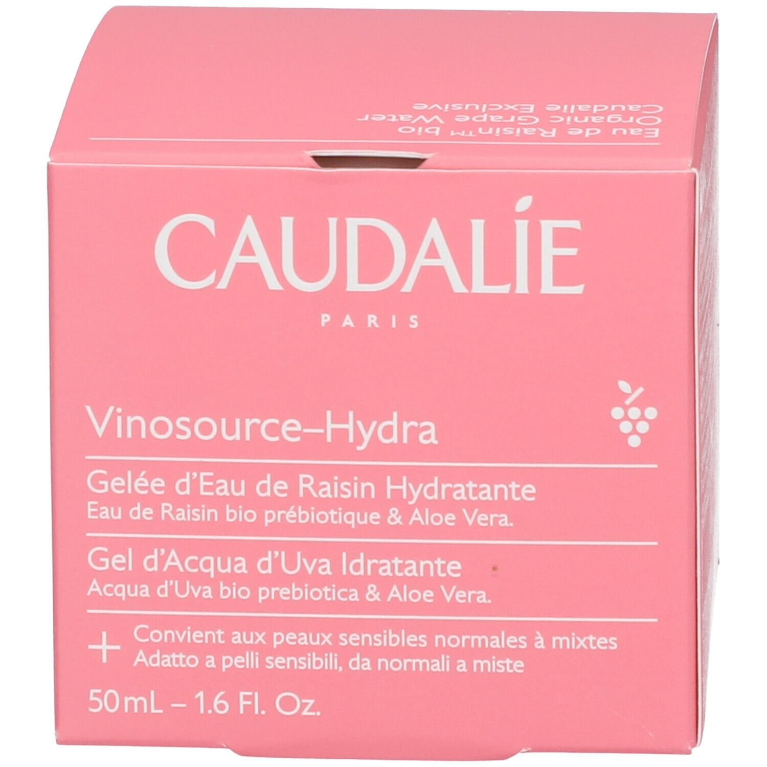 Scatola rosa. Scritta: CAUDALIE, Vinosource-Hydra, Gelée d'Eau de Raisin Hydratante, Grape Water Gel Moisturizer.