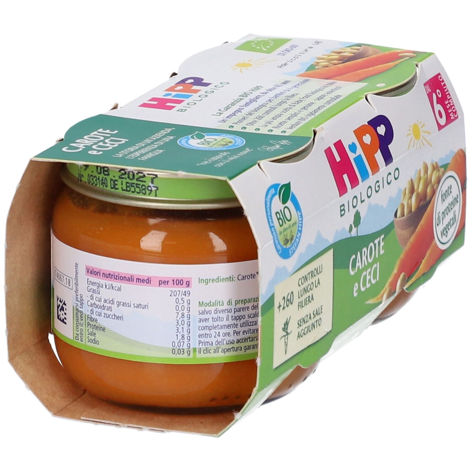 HiPP Biologico Karotten & Erbsen Babybrei, 2 Gläser à 80g, Bio-Qualität.