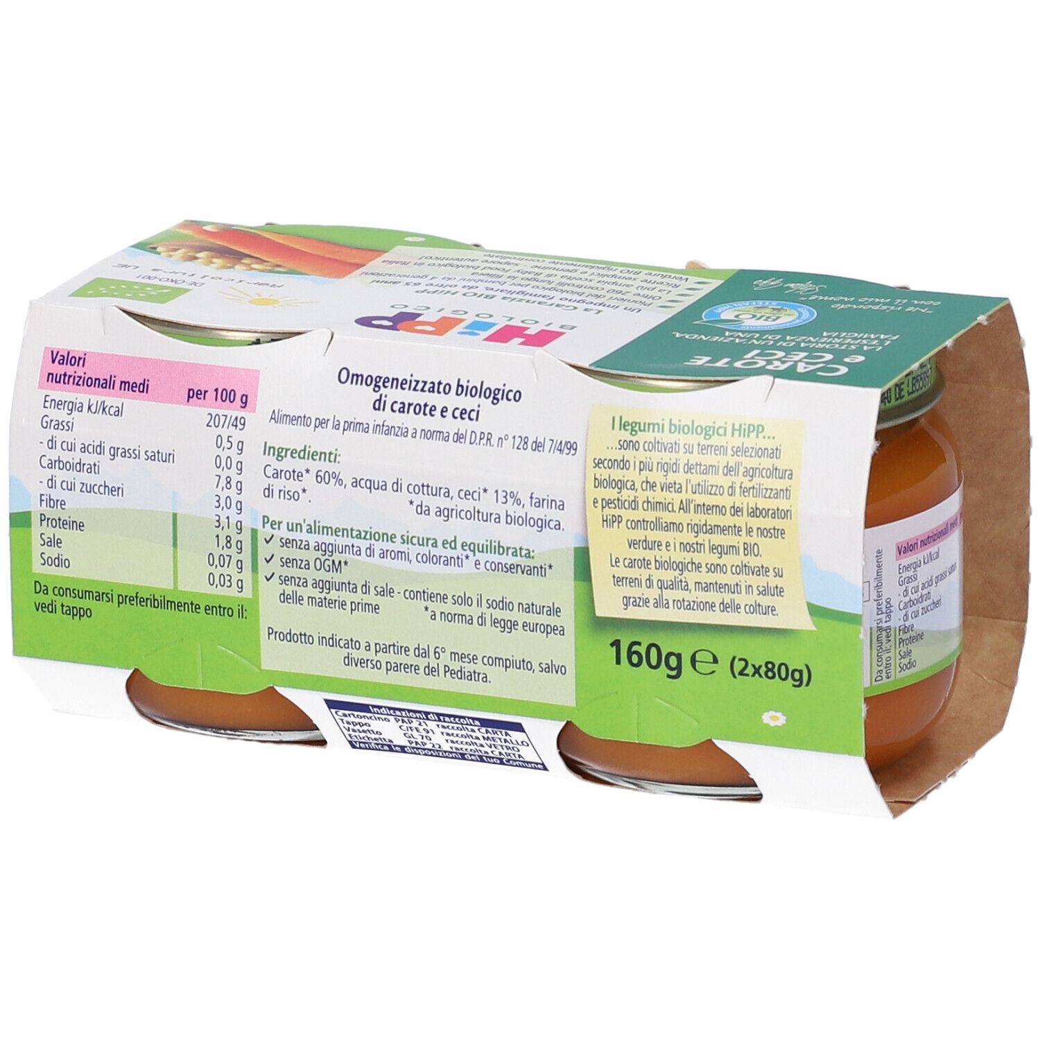 Rückseite der Bio-Karotten-und-Kichererbsen-Babybrei von Hipp, 2x80g Packung.