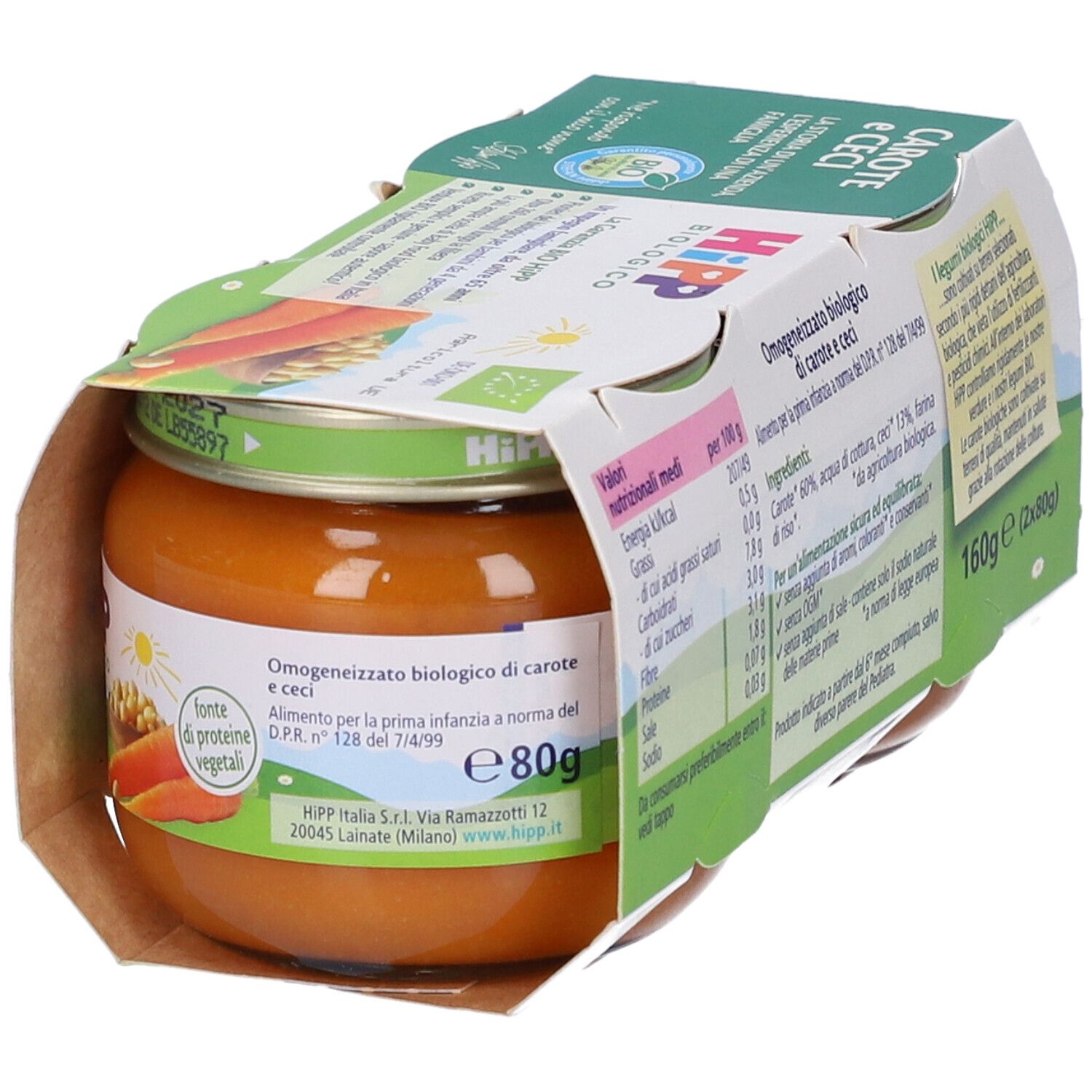 Babybrei-Glas von Hipp, Karotten und Erbsen, 80g. Bio-Produkt mit Gemüseabbildung und Nährwertangaben.