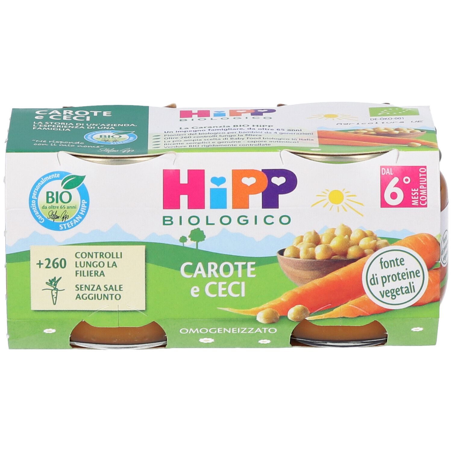 Bio-Karotten-und-Kichererbsen-Babybrei von Hipp, 2x80g Packung.