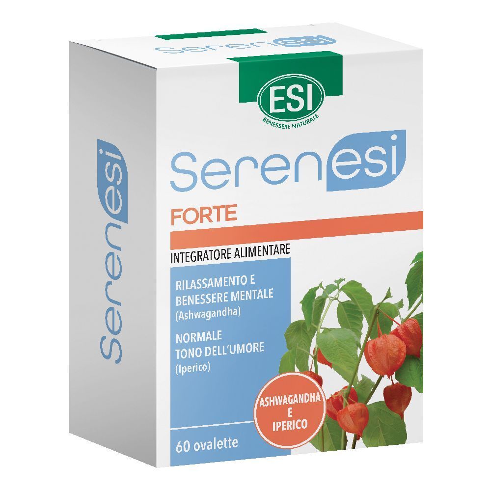 Scatola bianca "ESI Serenesi FORTE". Contiene 60 ovalette. Illustrazione verde-arancione. Testo in italiano.