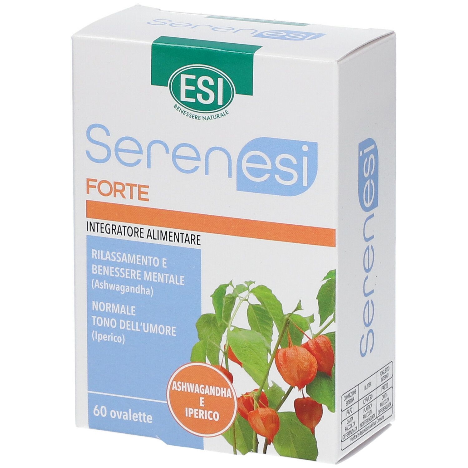 Scatola bianca "ESI Serenesi FORTE". Contiene 60 ovalette. Illustrazione verde-arancione. Testo in italiano.