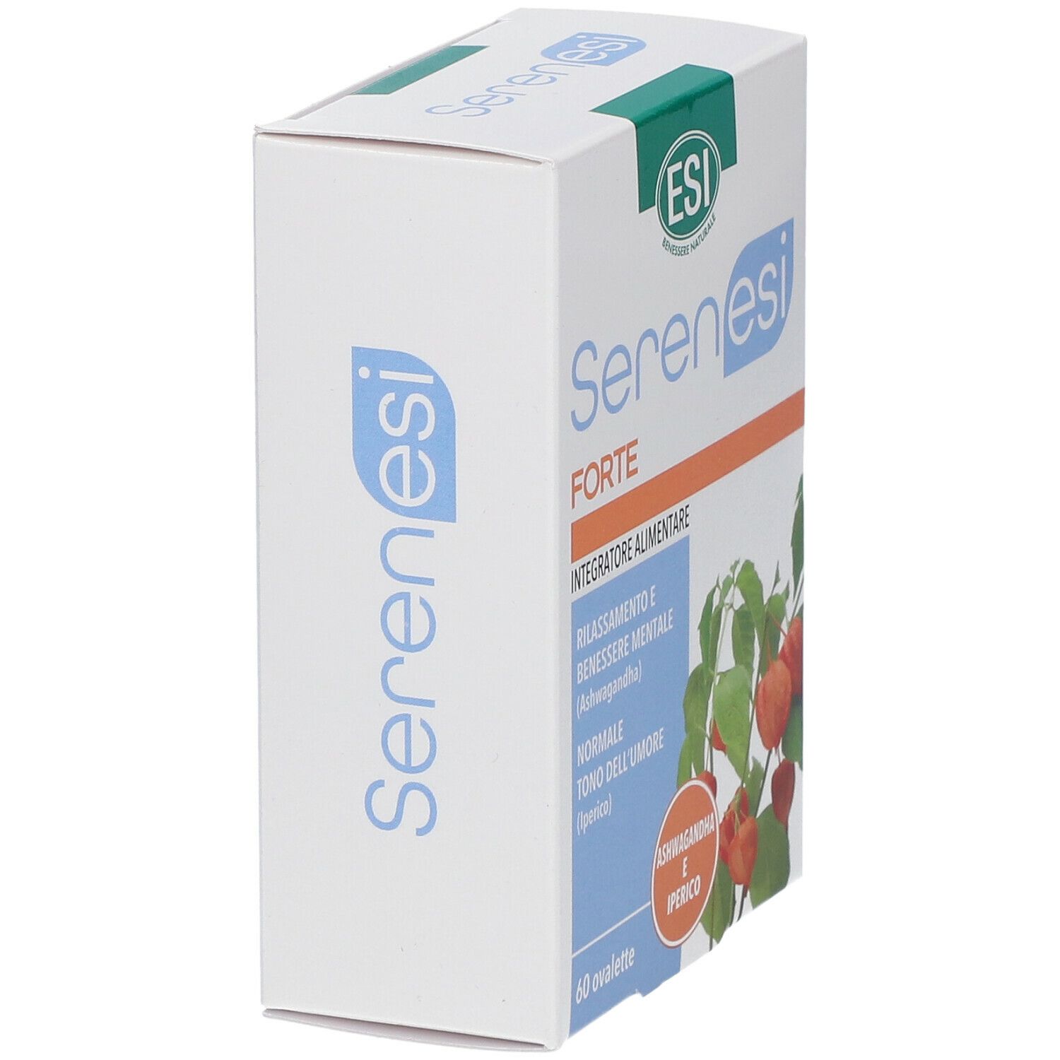 Scatola bianca "ESI Serenesi FORTE". Contiene 60 ovalette. Illustrazione verde-arancione. Testo in italiano.
