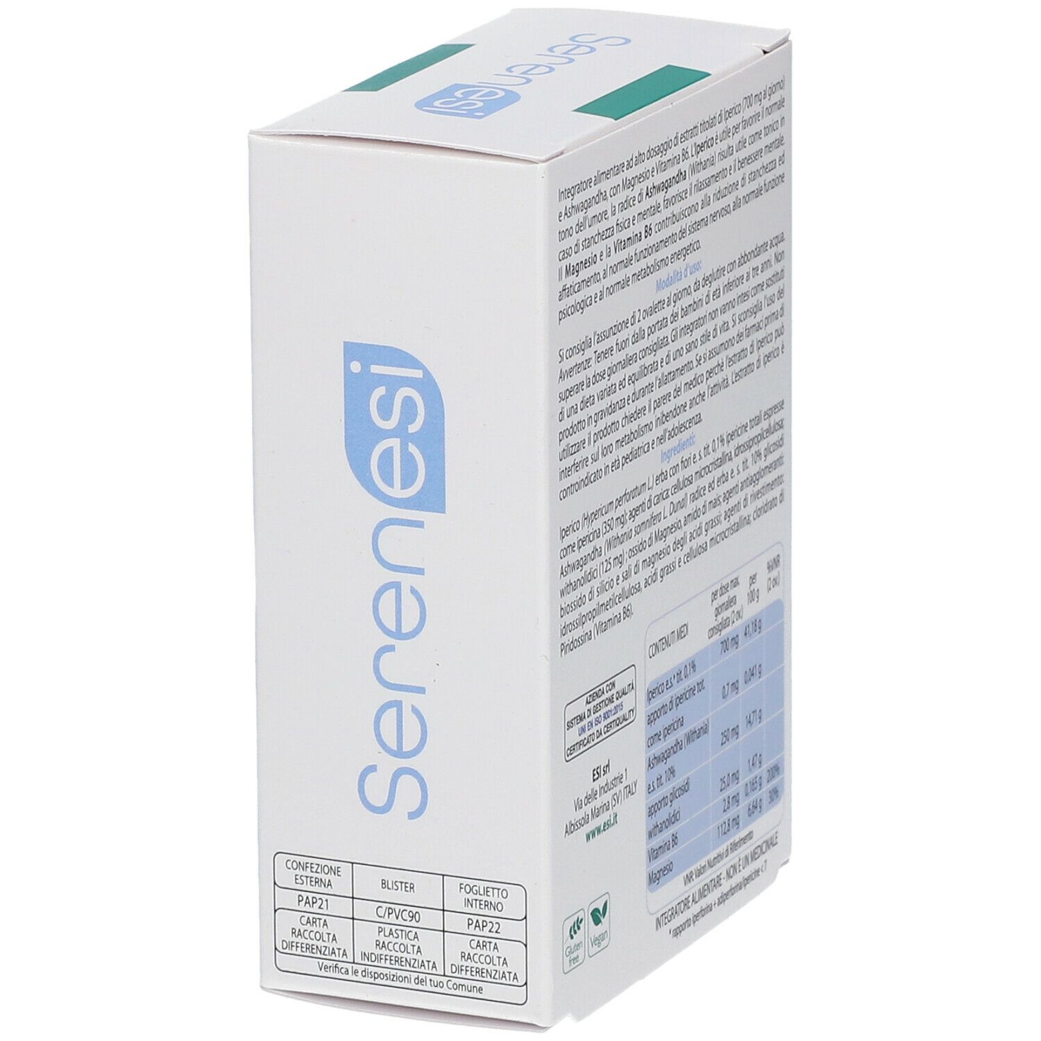 Scatola bianca "ESI Serenesi FORTE". Vista laterale con testo in italiano. Contiene informazioni sugli ingredienti.